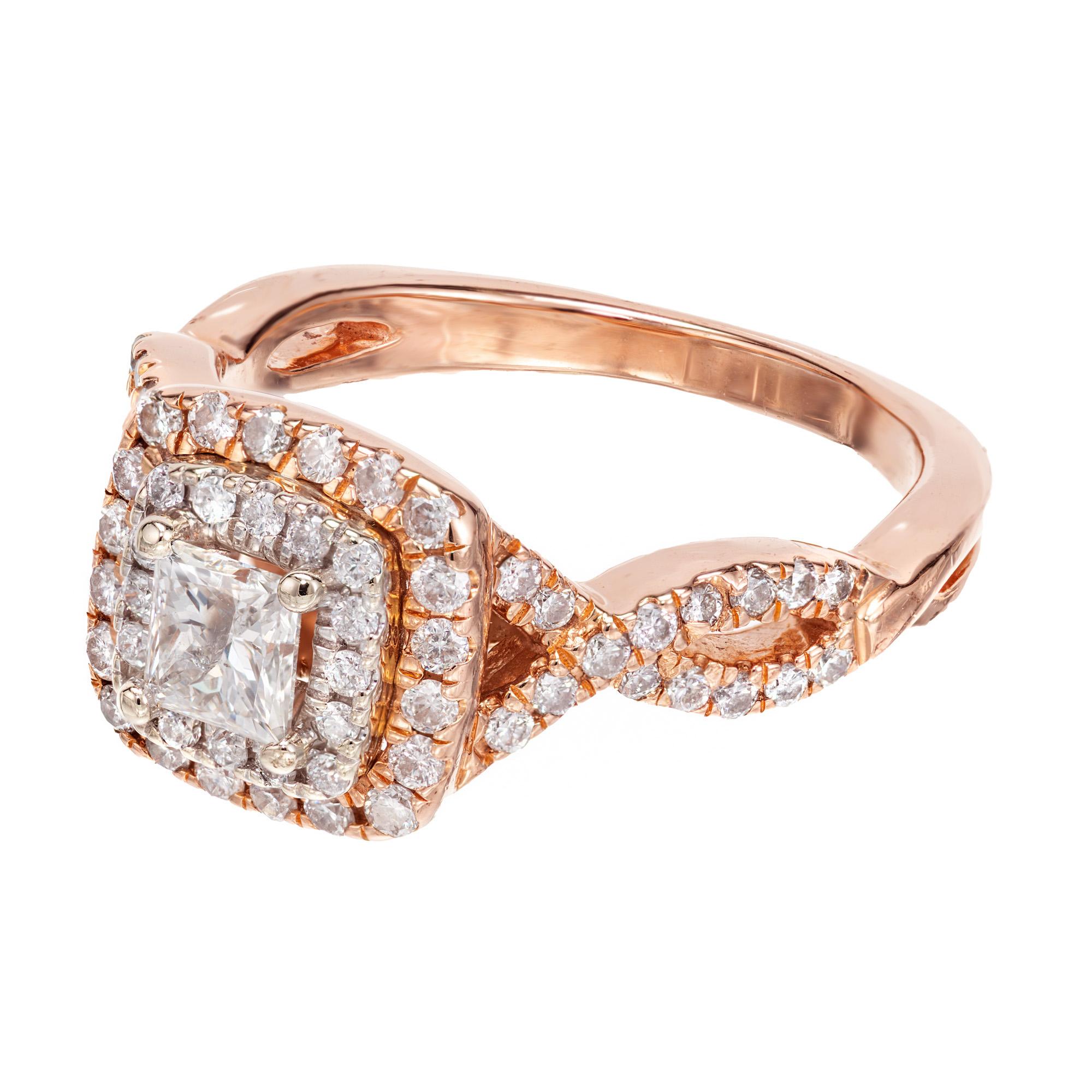 Women's .93 Carat Princess Cut Diamond Halo Rose Gold Engagement Ring For Sale