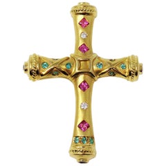 .93 Carat Sapphire, Diamond and Tourmaline Etruscan Style Cross Pendant / Brooch