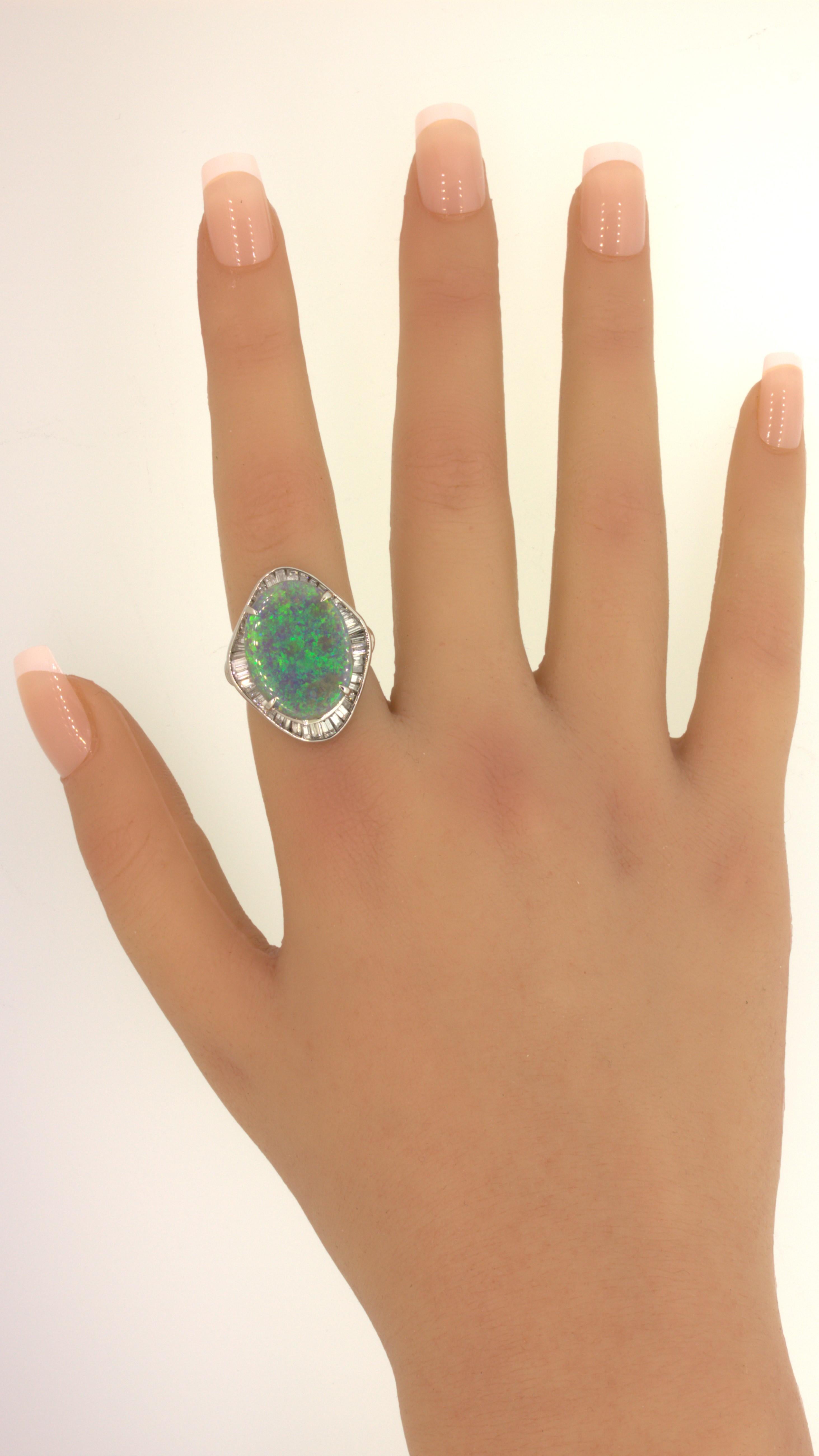 9.30 Carat Australian Black Opal Diamond Platinum Ring For Sale 7