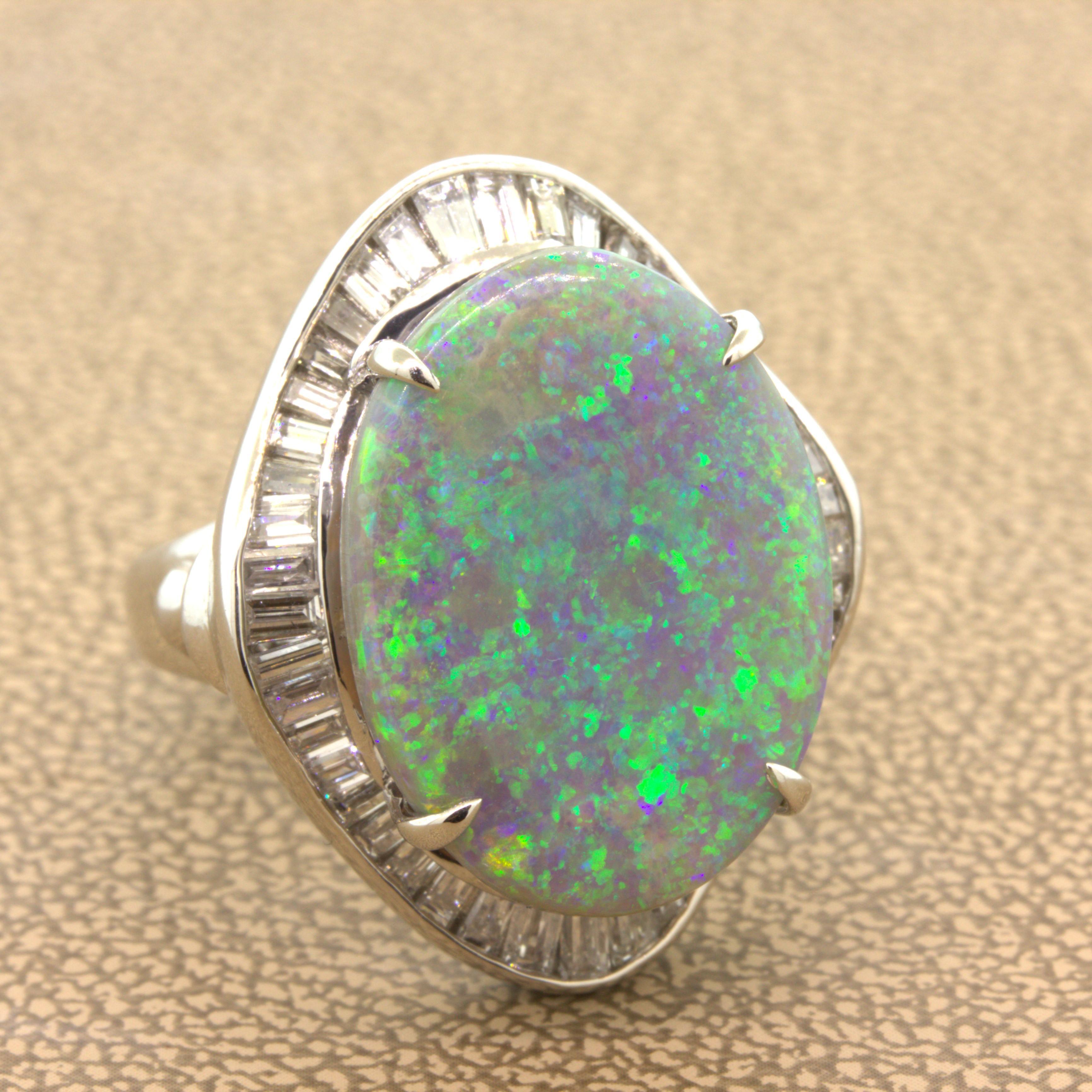 9.30 Carat Australian Black Opal Diamond Platinum Ring In New Condition For Sale In Beverly Hills, CA