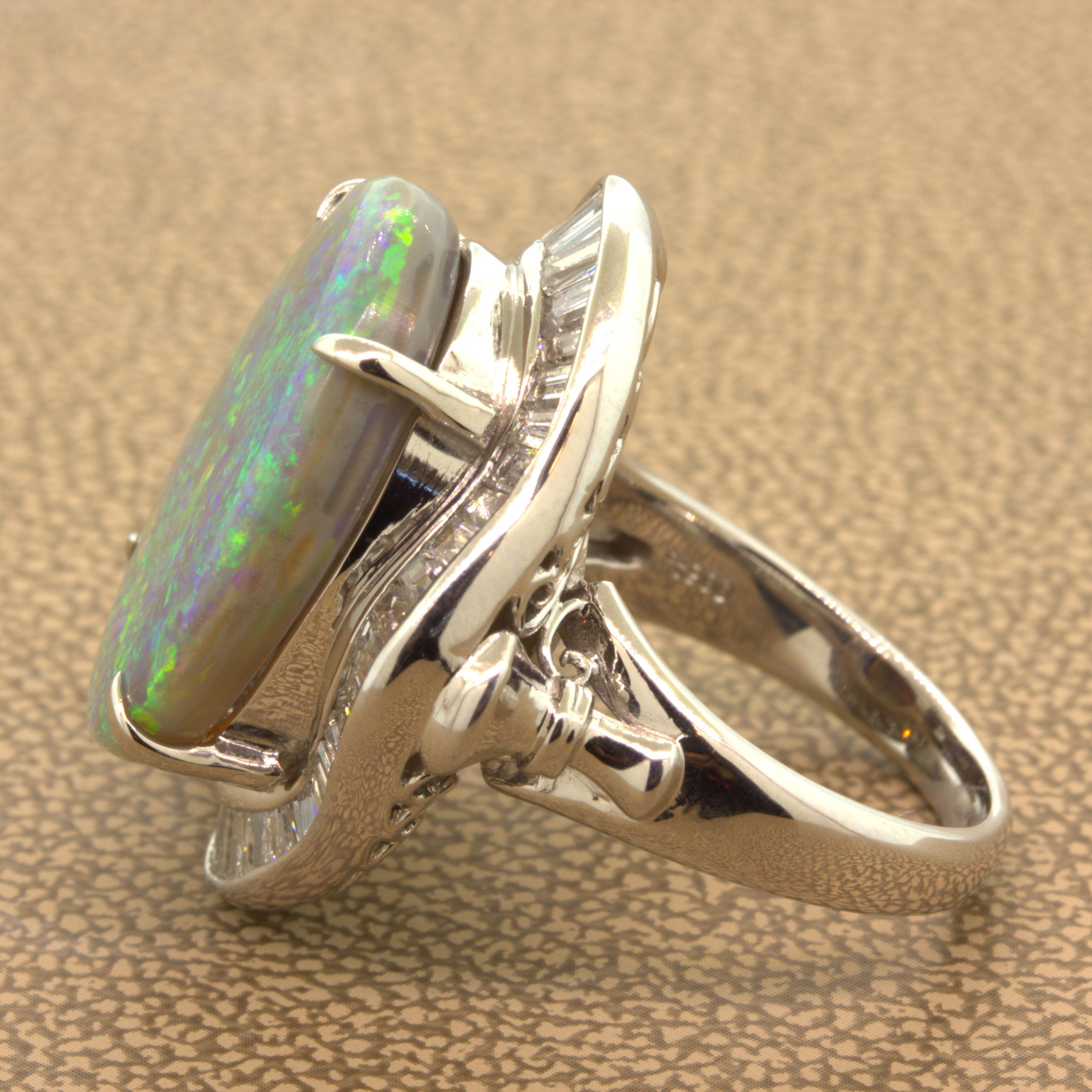 Women's 9.30 Carat Australian Black Opal Diamond Platinum Ring For Sale