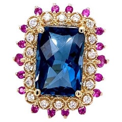 9.30 Carat Blue Topaz Sapphire Diamond 14 Karat Yellow Gold Cocktail Ring