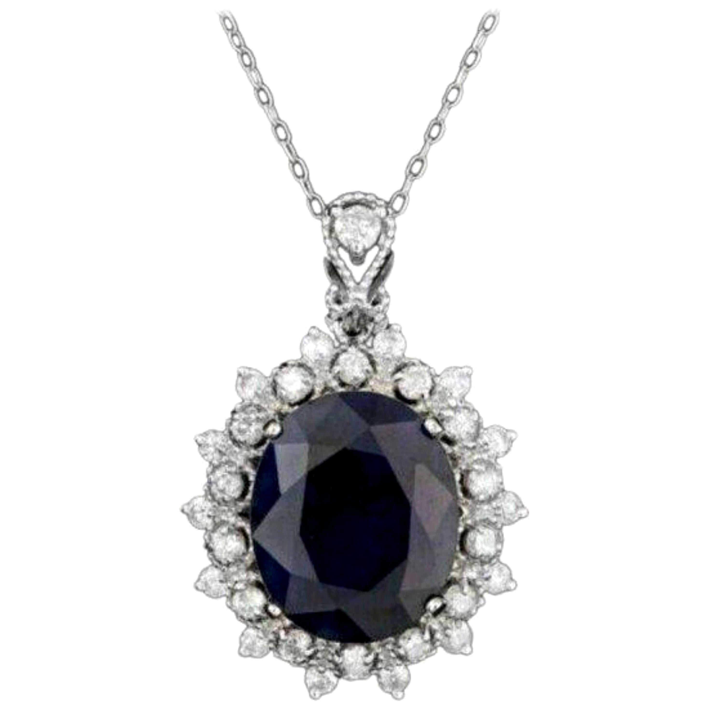 9.30 Carat Natural Sapphire and Diamond 14 Karat Solid White Gold Necklace For Sale
