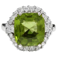 Anillo de oro macizo de 14 quilates con peridoto y diamantes de 9,30 quilates naturales de muy buen aspecto