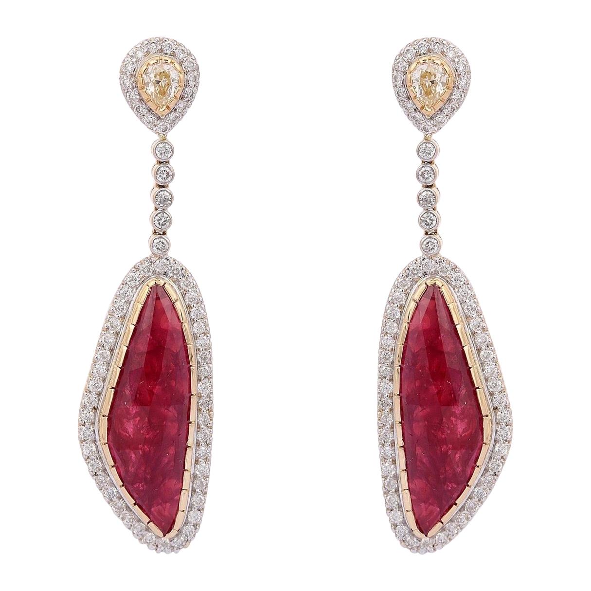 9.30 Carat Ruby Diamond 14 Karat Gold Abstract Earrings For Sale