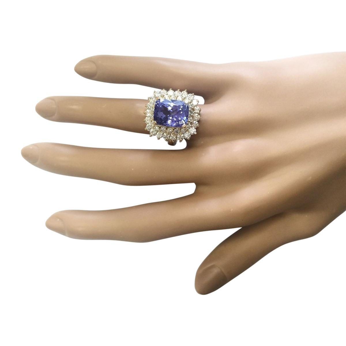 Cushion Cut Exquisite Natural Tanzanite and Diamond Ring in 14K Yellow Gold For Sale