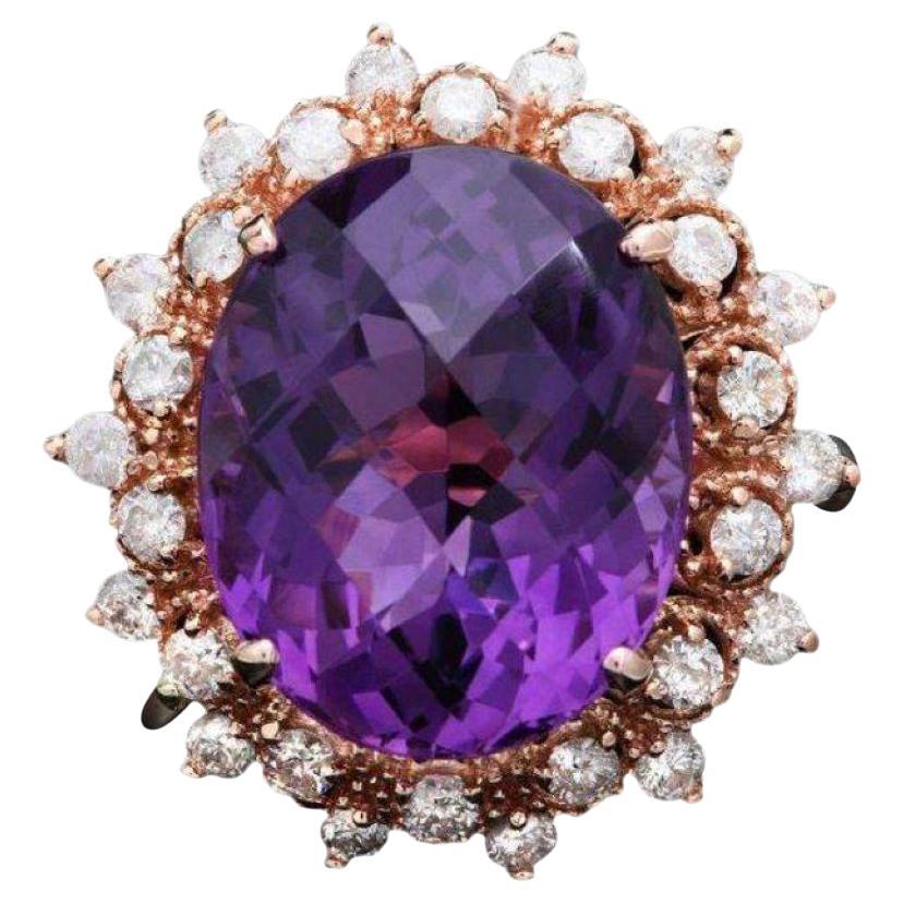 9.30 Carats Natural Amethyst and Diamond 14K Solid Rose Gold Ring For Sale