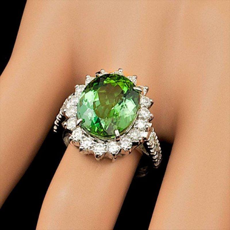 Mixed Cut 9.30 Carats Natural Green Tourmaline and Diamond 14K Solid White Gold Ring For Sale