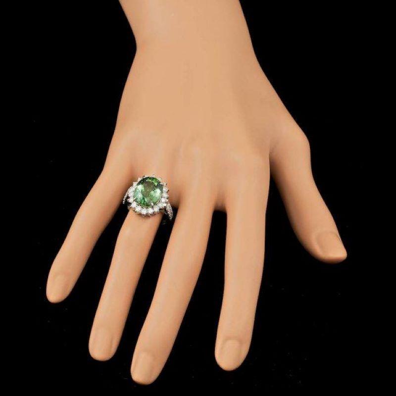 9.30 Carats Natural Green Tourmaline and Diamond 14K Solid White Gold Ring In New Condition For Sale In Los Angeles, CA