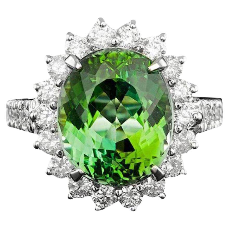 9.30 Carats Natural Green Tourmaline and Diamond 14K Solid White Gold Ring For Sale