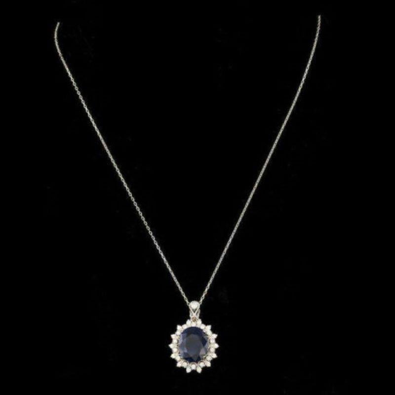 Oval Cut 9.30 Carat Natural Sapphire and Diamond 14 Karat Solid White Gold Necklace For Sale
