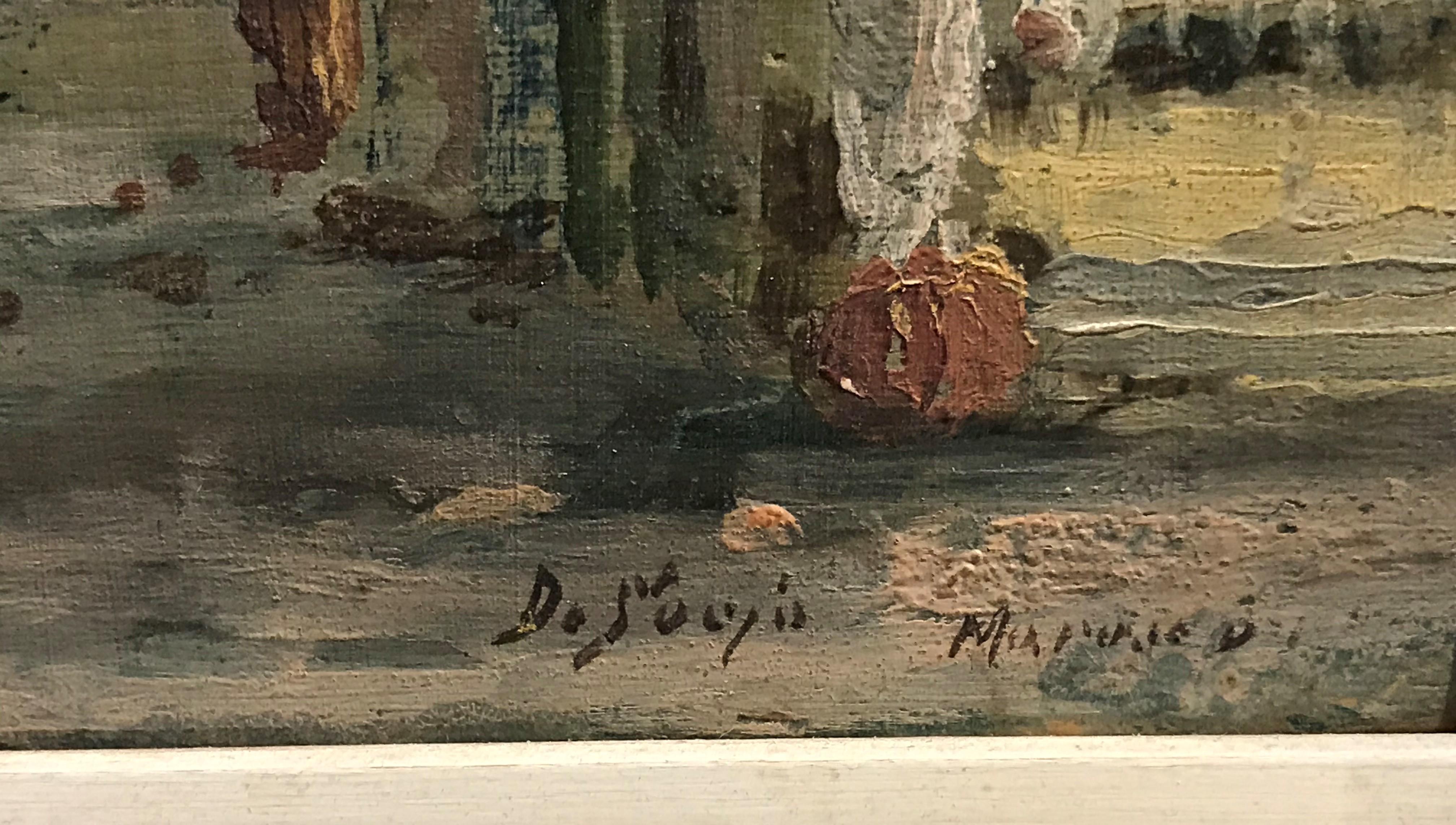 Fine 1930s Framed orientalist painting of Marrakech or Morocco. A street scene, in oil painted on board (wood). Signed lower left. Appears to be DoSousa and Marrakech but is however slightly illegible. The painted board has a horizontal crack in the
