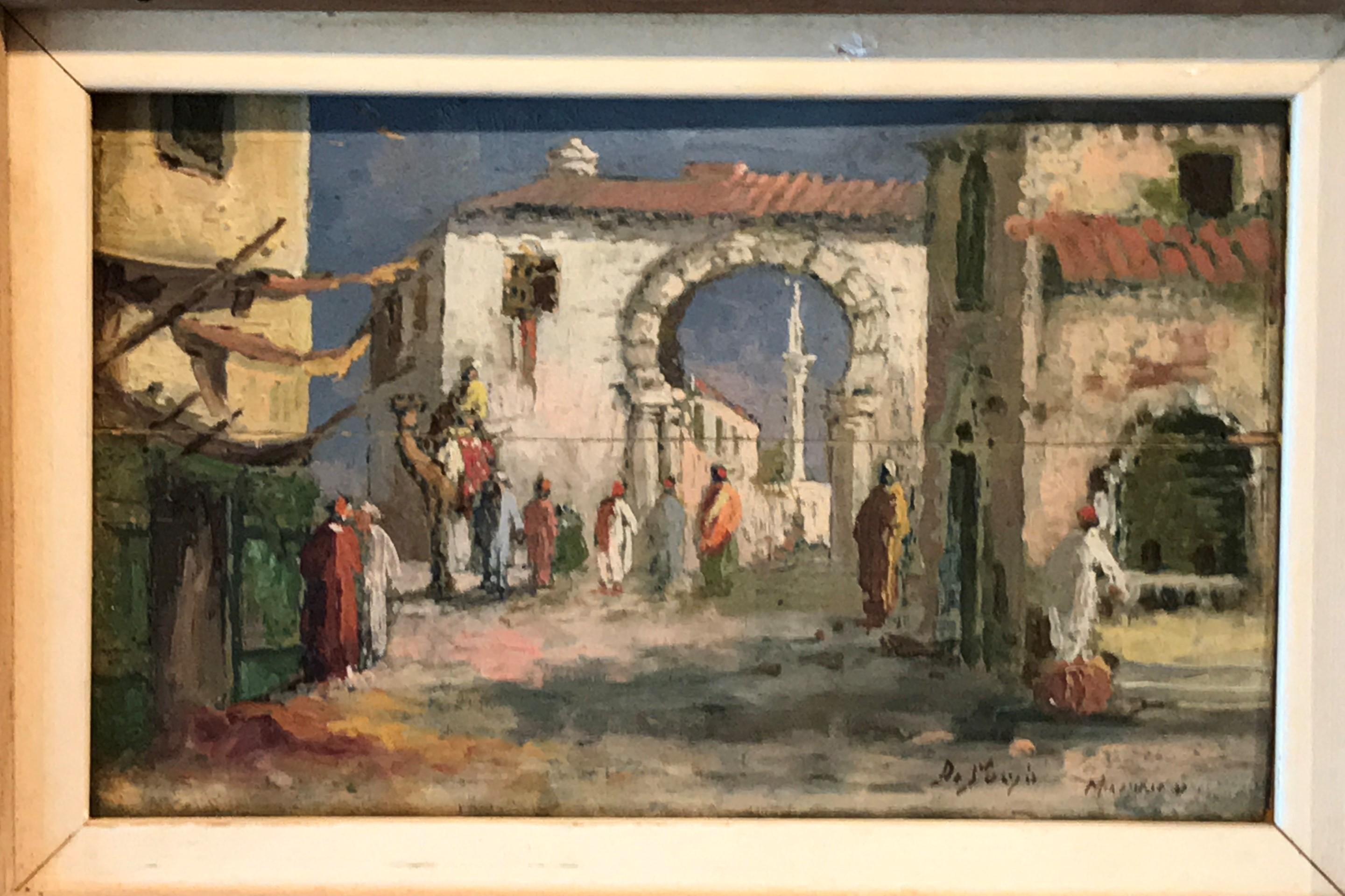 1930s Morocco, Marrakech Street Scene, Framed Orientalist Oil on Wood Painting In Good Condition In Miami, FL