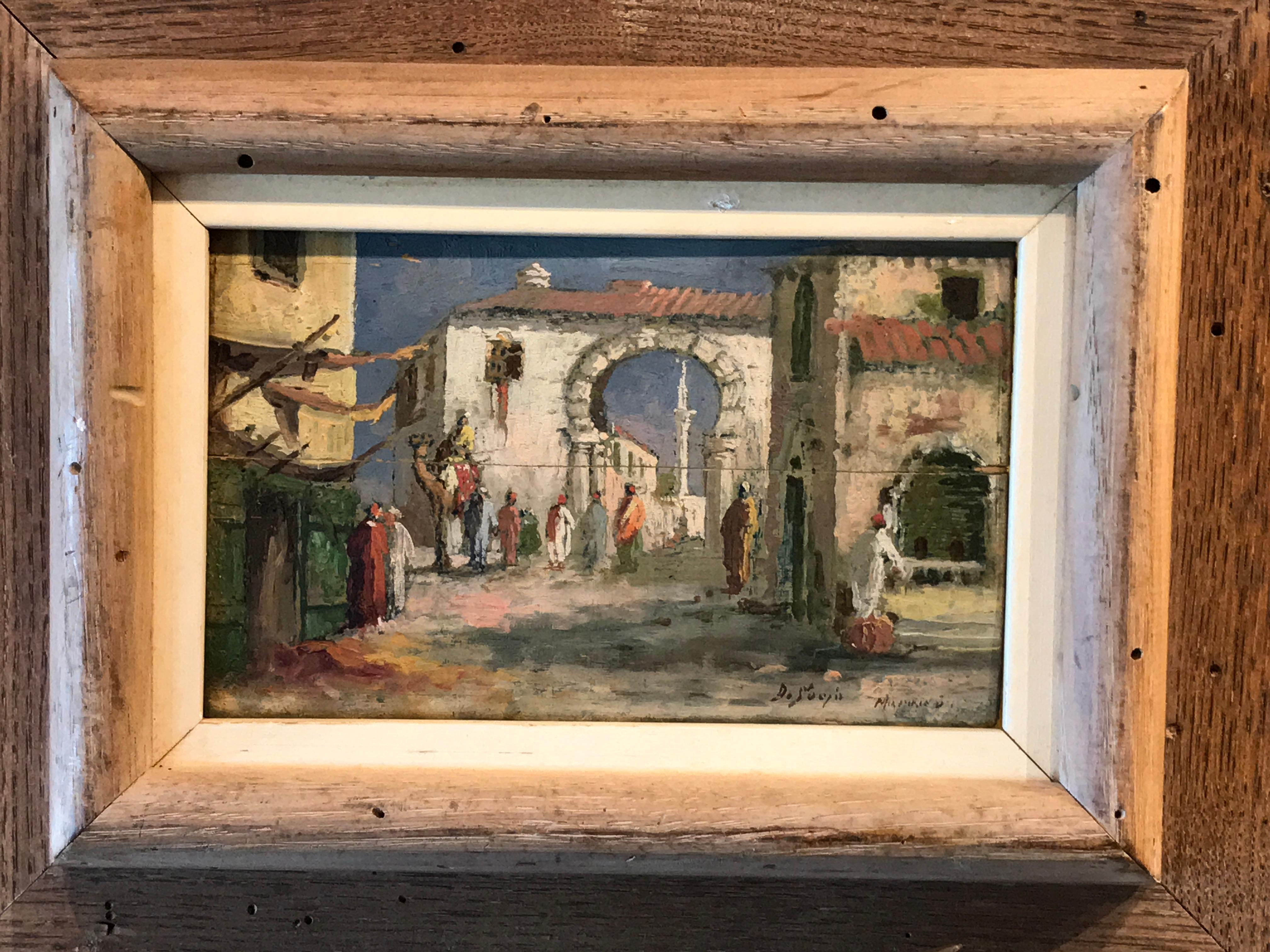 1930s Morocco, Marrakech Street Scene, Framed Orientalist Oil on Wood Painting 1