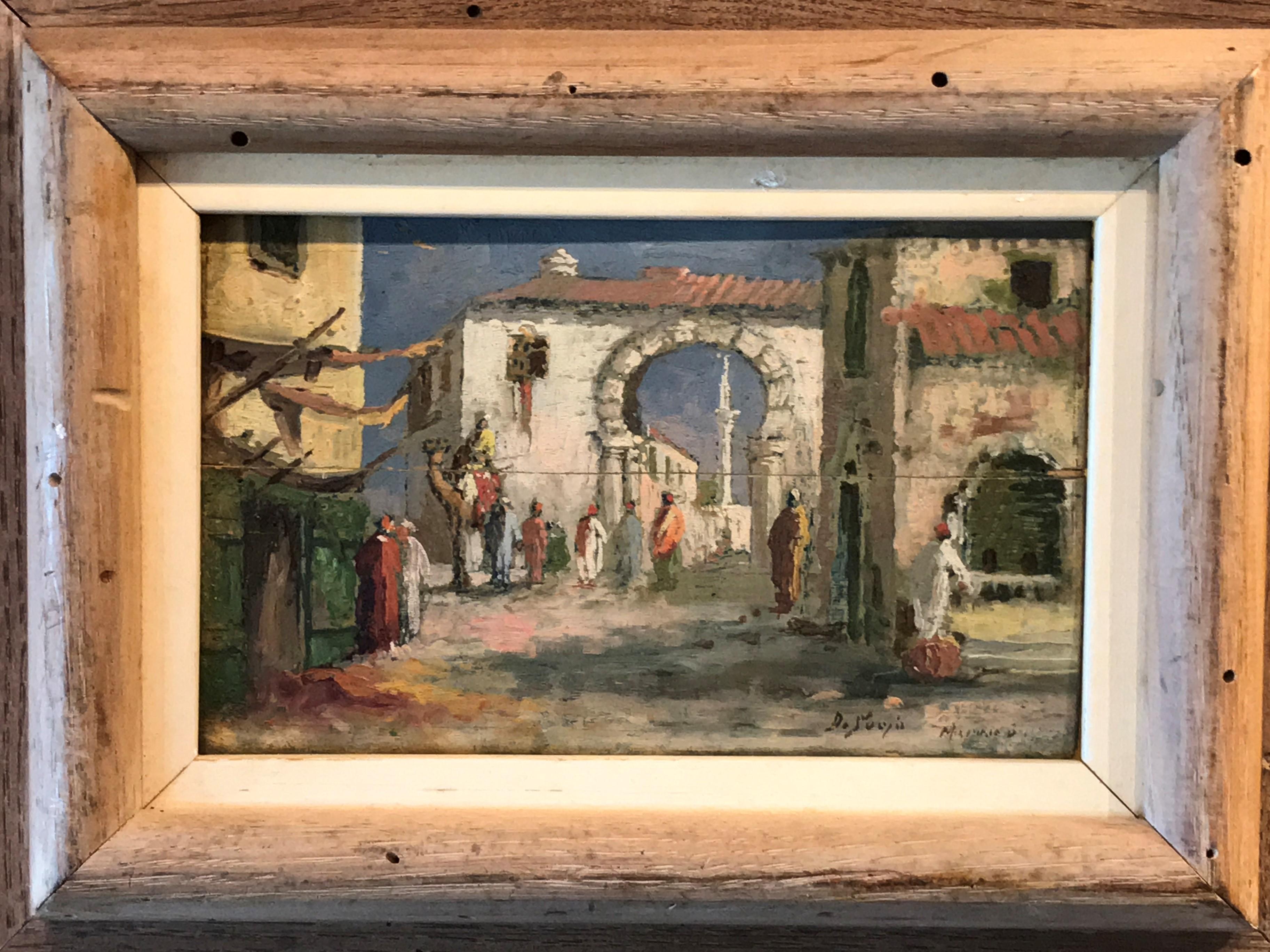 1930s Morocco, Marrakech Street Scene, Framed Orientalist Oil on Wood Painting 2