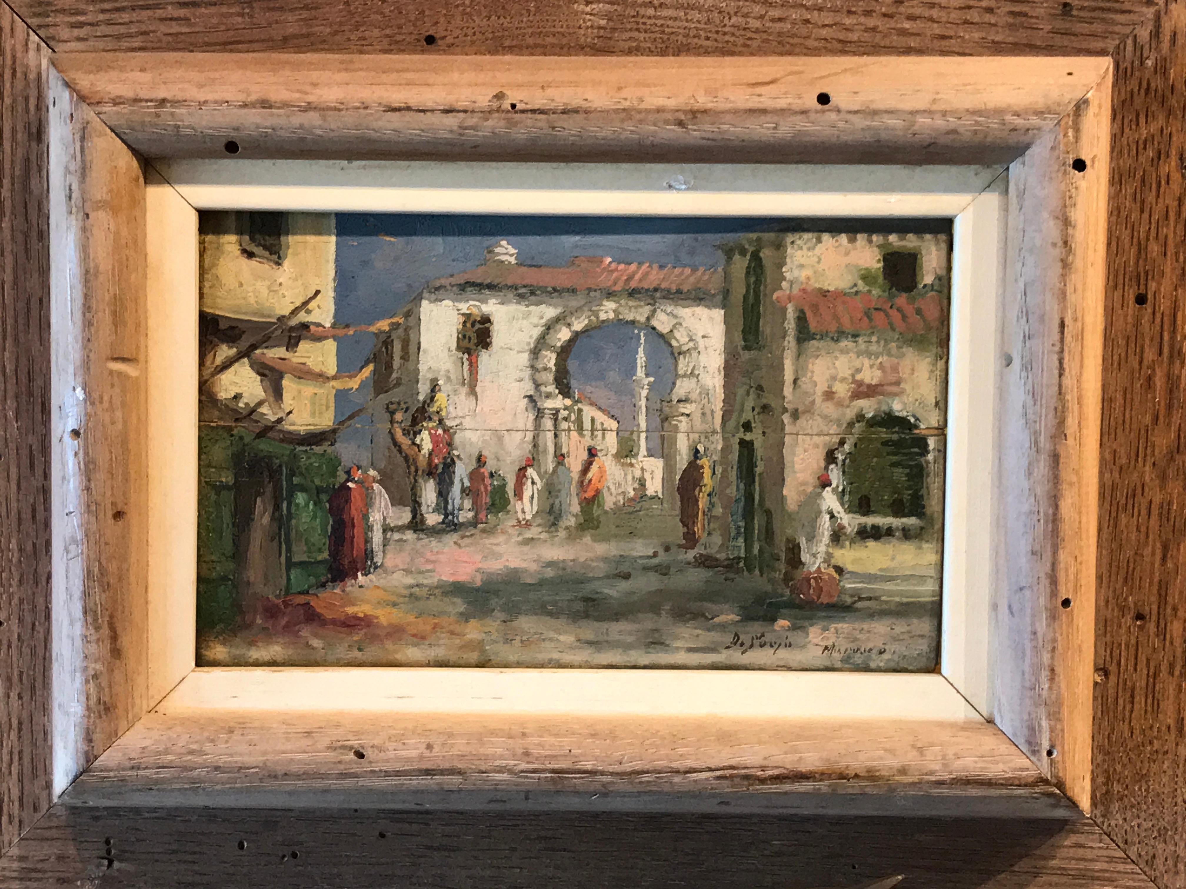 1930s Morocco, Marrakech Street Scene, Framed Orientalist Oil on Wood Painting 3