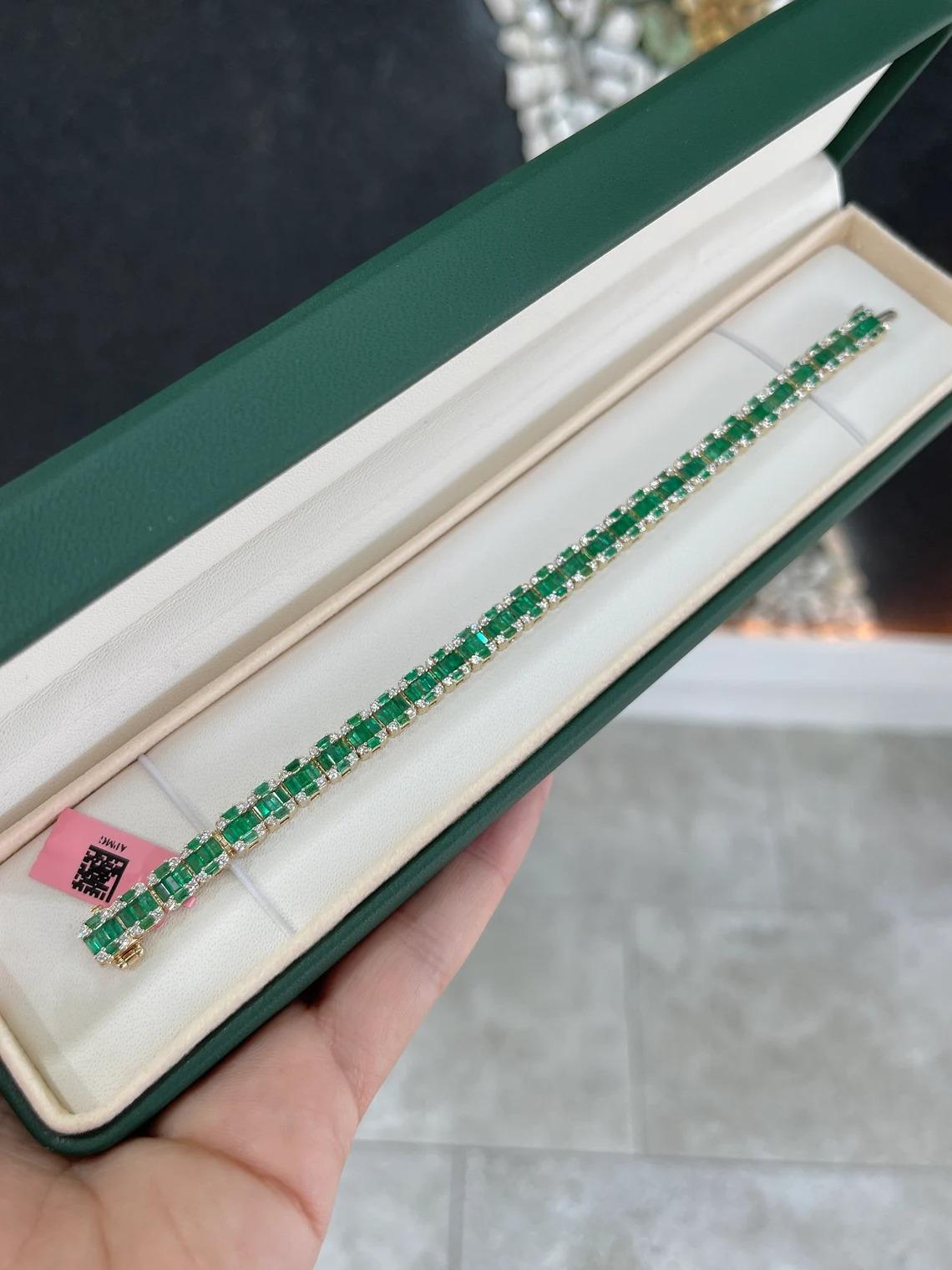 A timeless treasure that is as alluring as it appears. This extravagant piece of jewelry showcases a remarkable natural emerald and diamond bracelet. Featuring over seven carats of high-quality baguette cut emeralds that display a rich and vivacious