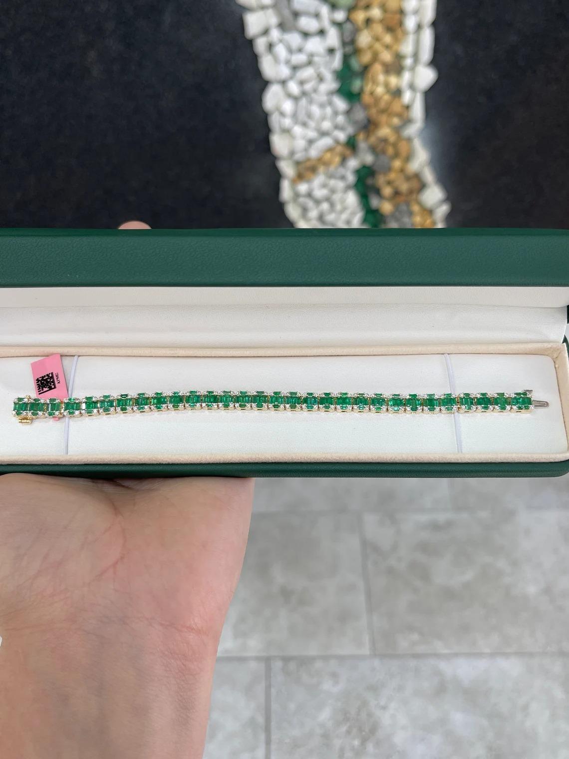 Modern 9.30tcw 14K Fine Quality Vivid Dark Green Emerald & Diamond Cluster Bracelet For Sale