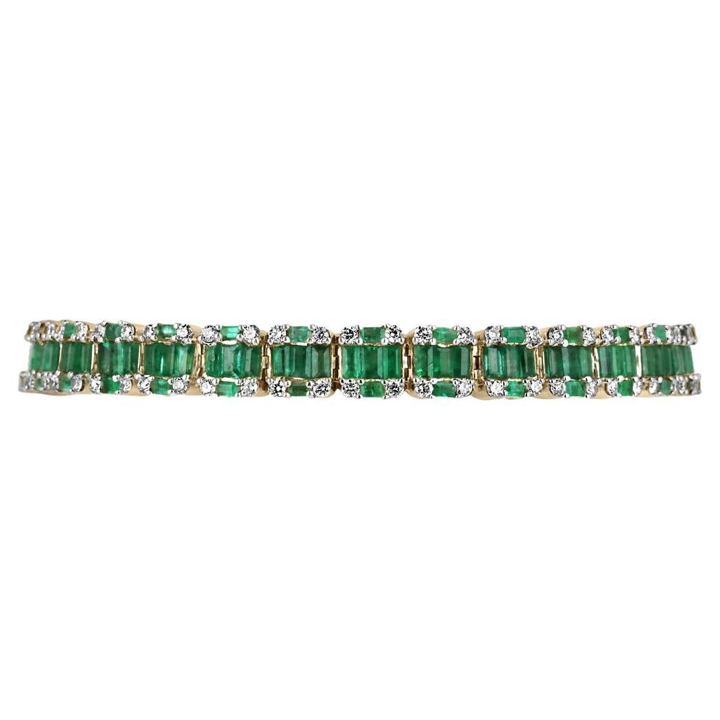 9.30tcw 14K Fine Quality Vivid Dark Green Emerald & Diamond Cluster Bracelet For Sale