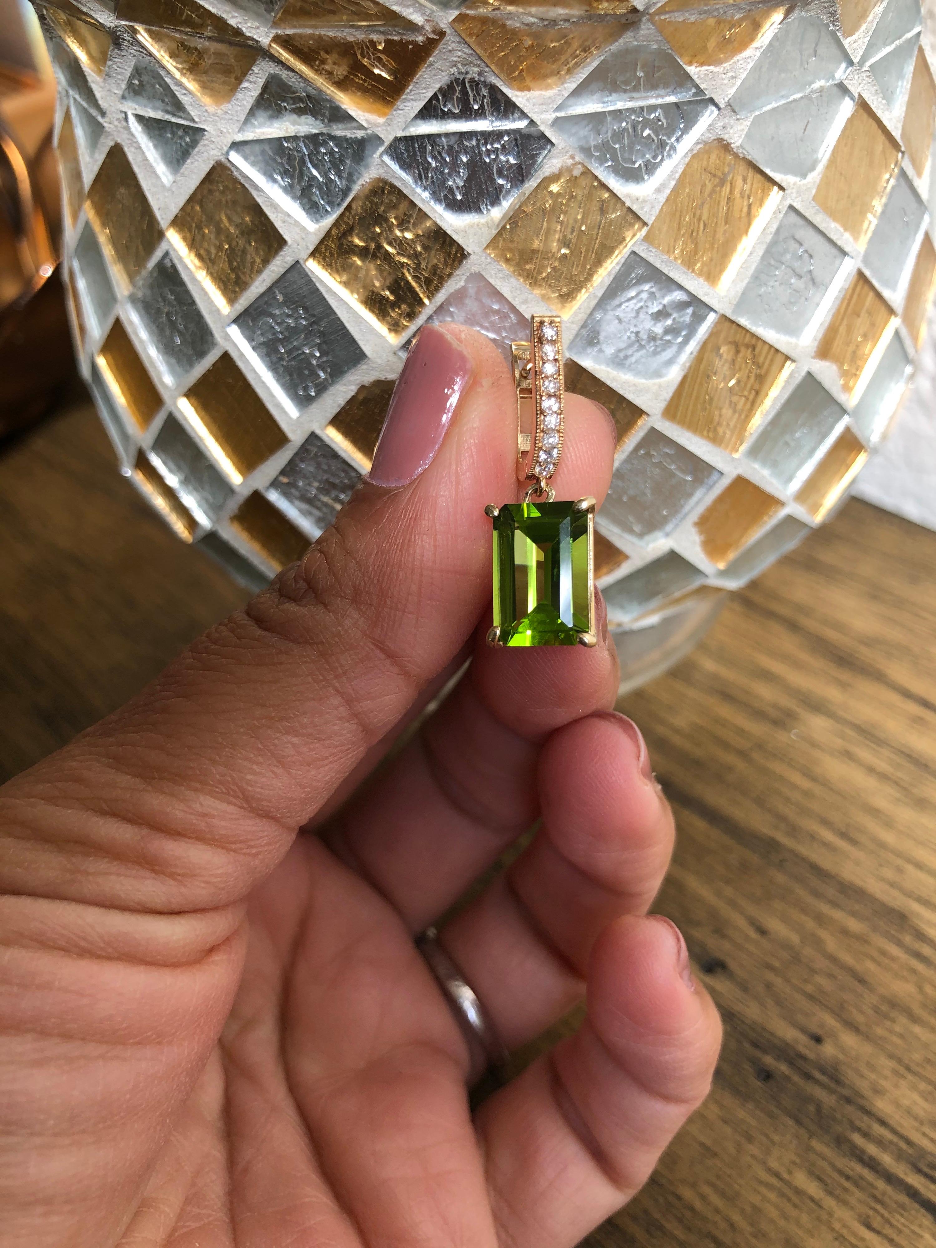 Emerald Cut 9.31 Carat Peridot Diamond Earrings 14 Karat Yellow Gold