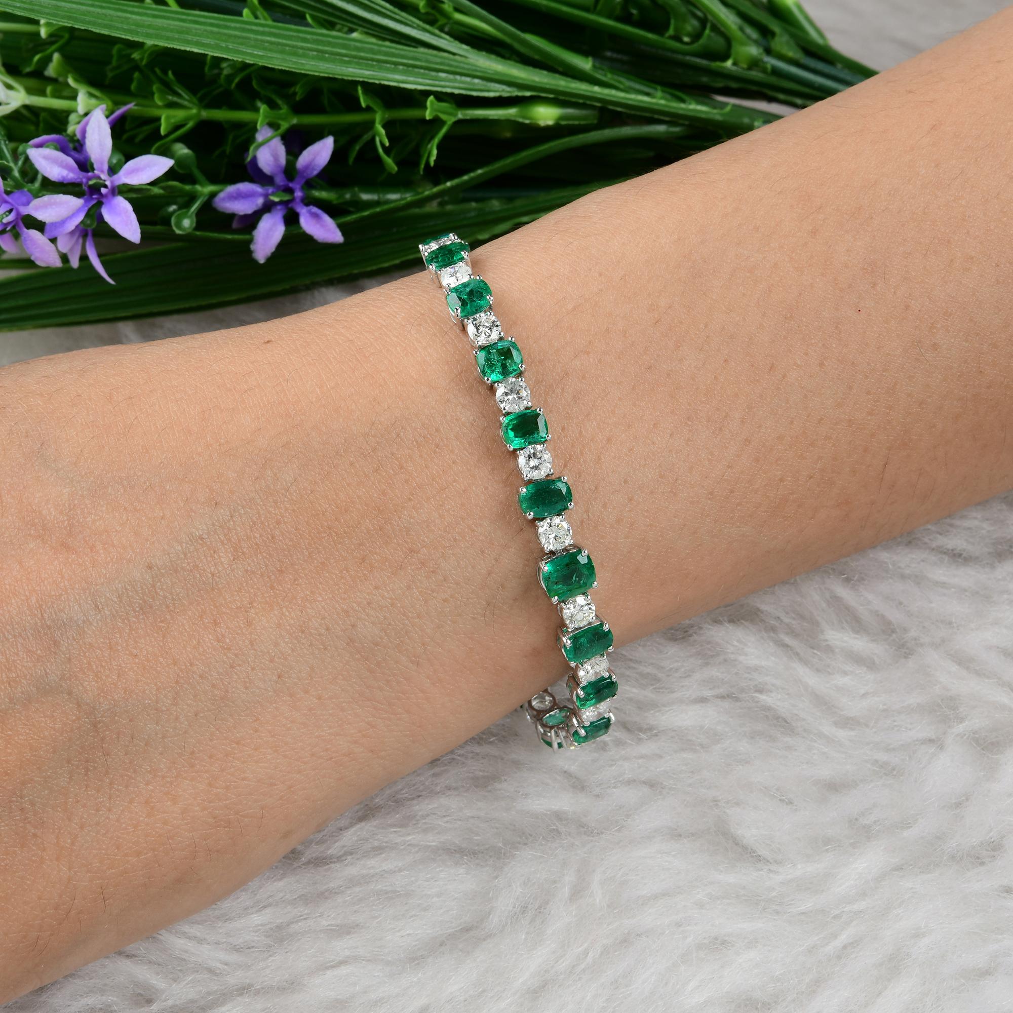 Emerald Cut 9.31 Carat Zambian Emerald Bracelet 4.37 Ct SI/H Diamond 18 Karat White Gold For Sale