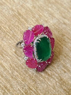 9.31 Carats Zambian Emerald & Carved, 16.73 Carats Mozambique Ruby Cocktail Ring
