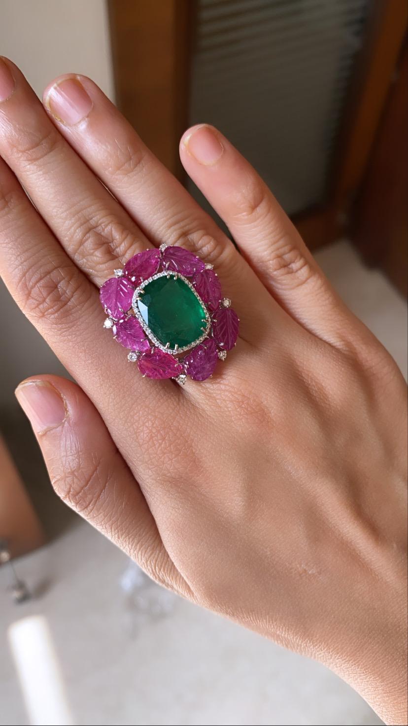 Modern 9.31 Carats Zambian Emerald & Carved, 16.73 Carats Mozambique Ruby Cocktail Ring