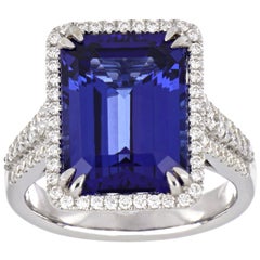 9.32 Carat Emerald Cut Tanzanite Ring with Diamonds 18 Karat White Gold