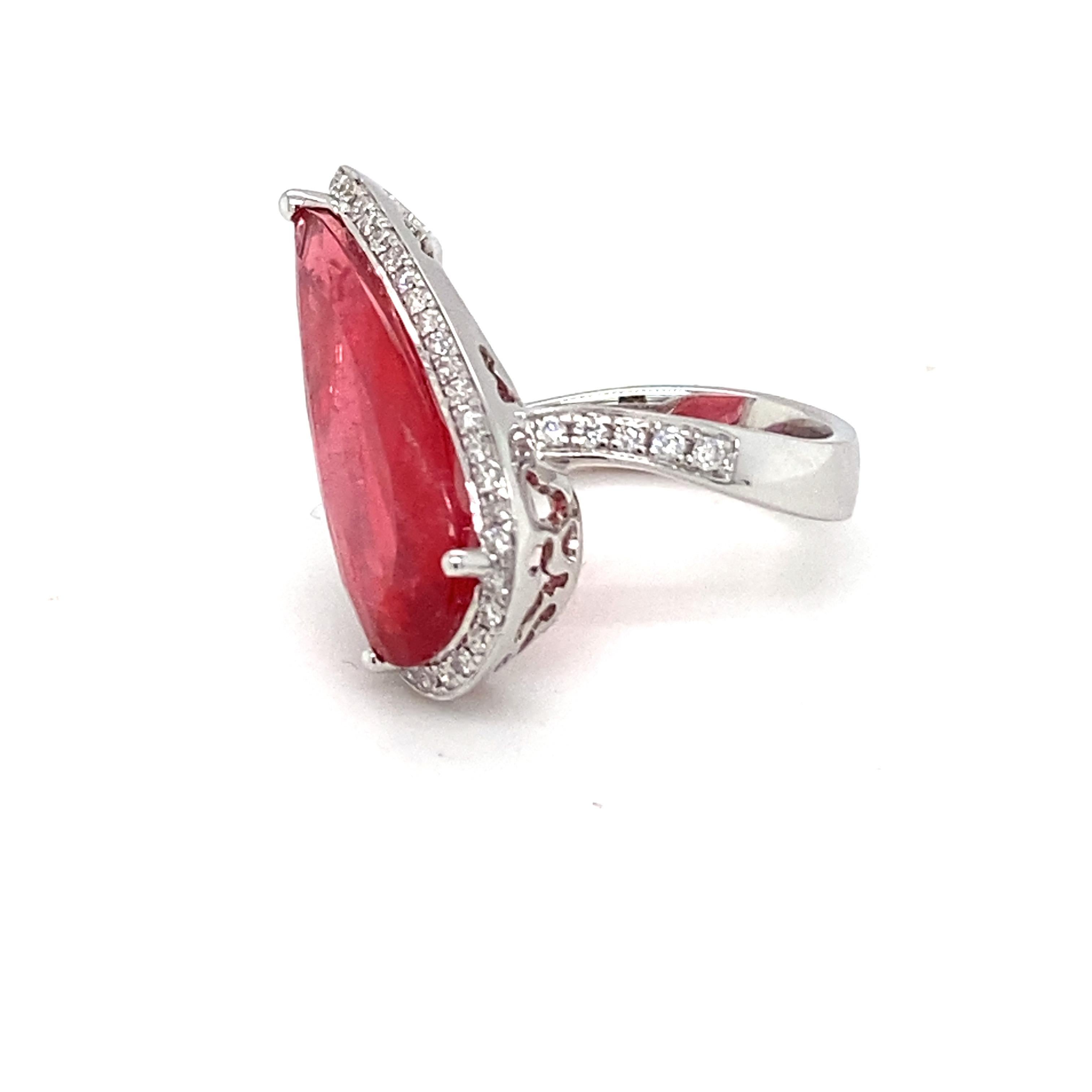 9.32 Carat Rhodonite Pear Diamond White Gold Asymmetrical Cocktail  Ring In New Condition For Sale In Trumbull, CT