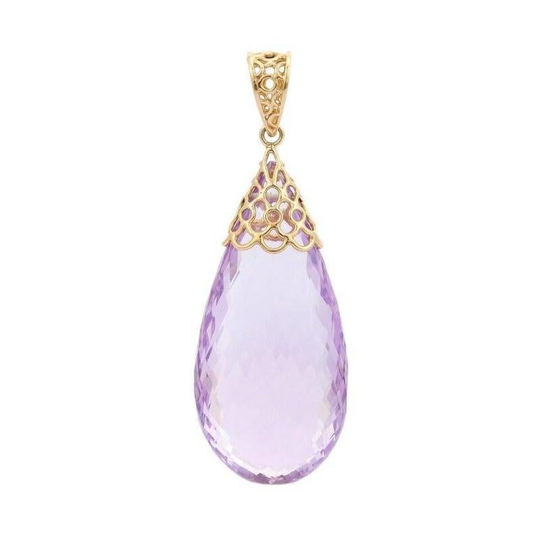 93.23 Carats Pendentif Améthyste en forme de goutte en or jaune massif 14k en vente 1