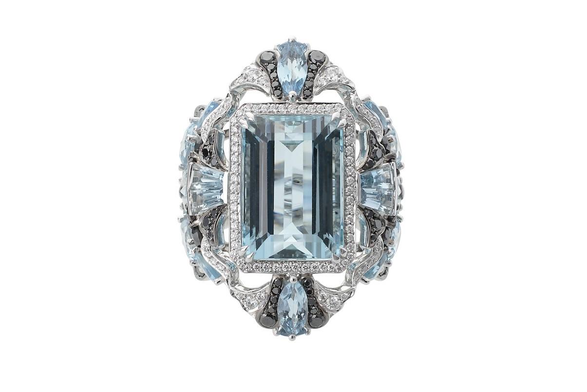 Emerald Cut 9.328 Carat Aquamarine with Black and White Diamonds Cocktail Ring in 18K Gold