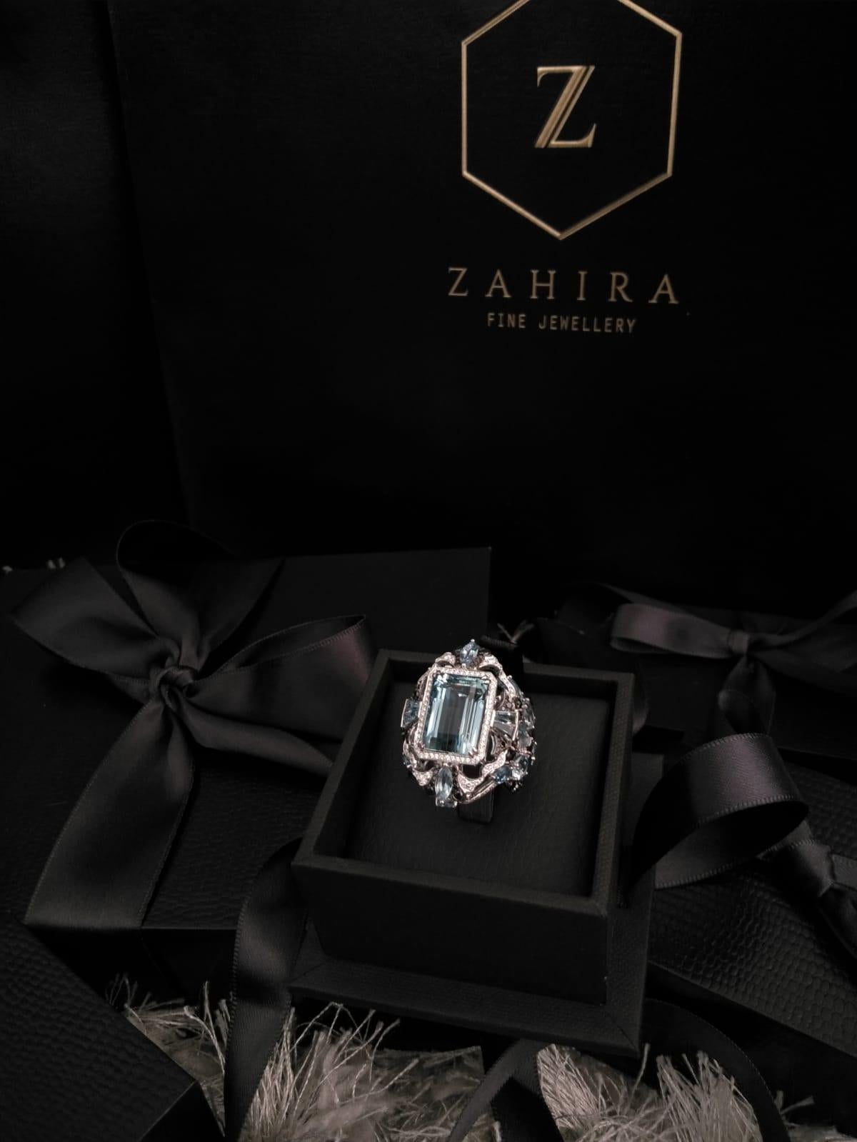9.328 Carat Aquamarine with Black and White Diamonds Cocktail Ring in 18K Gold 3