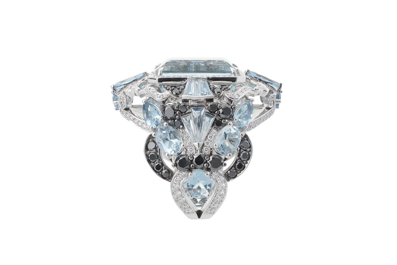 Women's 9.328 Carat Aquamarine with Black and White Diamonds Cocktail Ring in 18K Gold