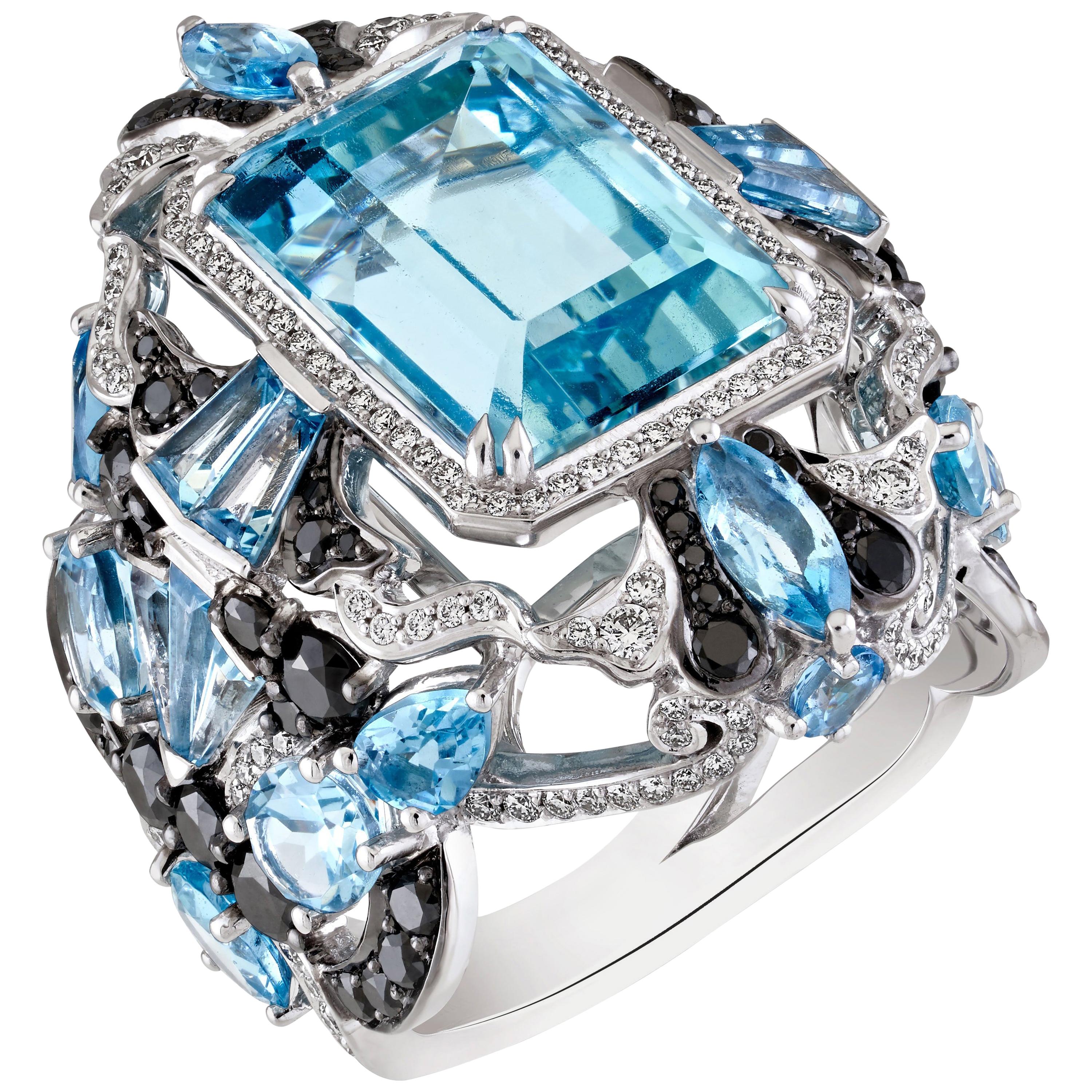 9.328 Carat Aquamarine with Black and White Diamonds Cocktail Ring in 18K Gold