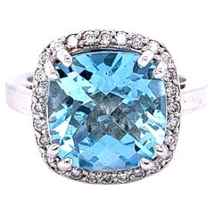 9.33 Carat Blue Topaz Diamond White Gold Statement Ring