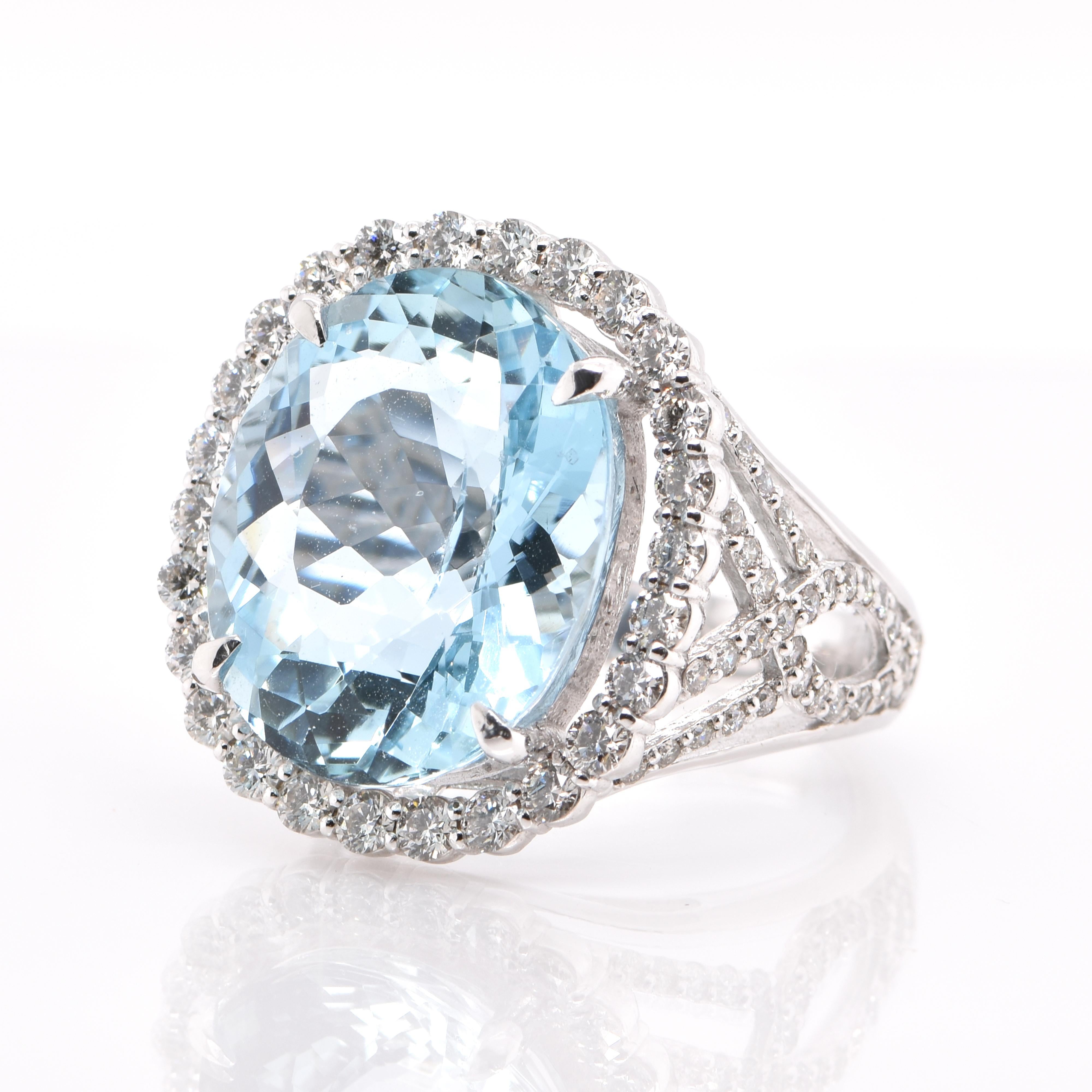 A stunning Cocktail Ring featuring a 9.33 Carat, Natural Aquamarine and 1.12 Carats of Round Brilliant Diamond Accents set in Platinum. Aquamarines have been prized gems throughout human history for their cool blue color. They historically come from