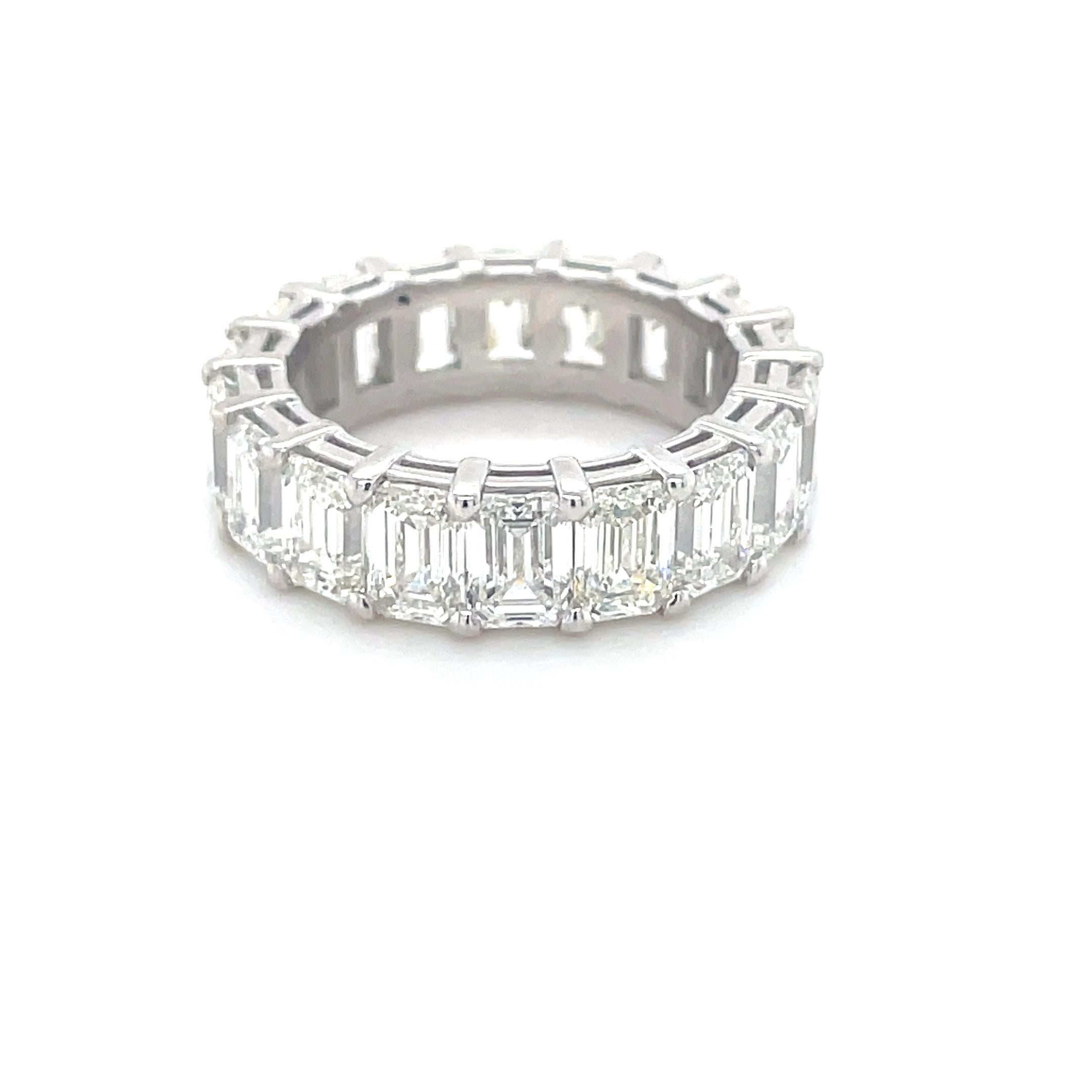 This amazing emerald cut eternity band contains 18 diamonds weighing 9.33 carats total. Mounted in platinum and beautifully crafted, this ring is perfect for a wedding band or to add to your stack!

Ring size: 6 1/2
Stamp: PLAT
Gross weight: 8.90