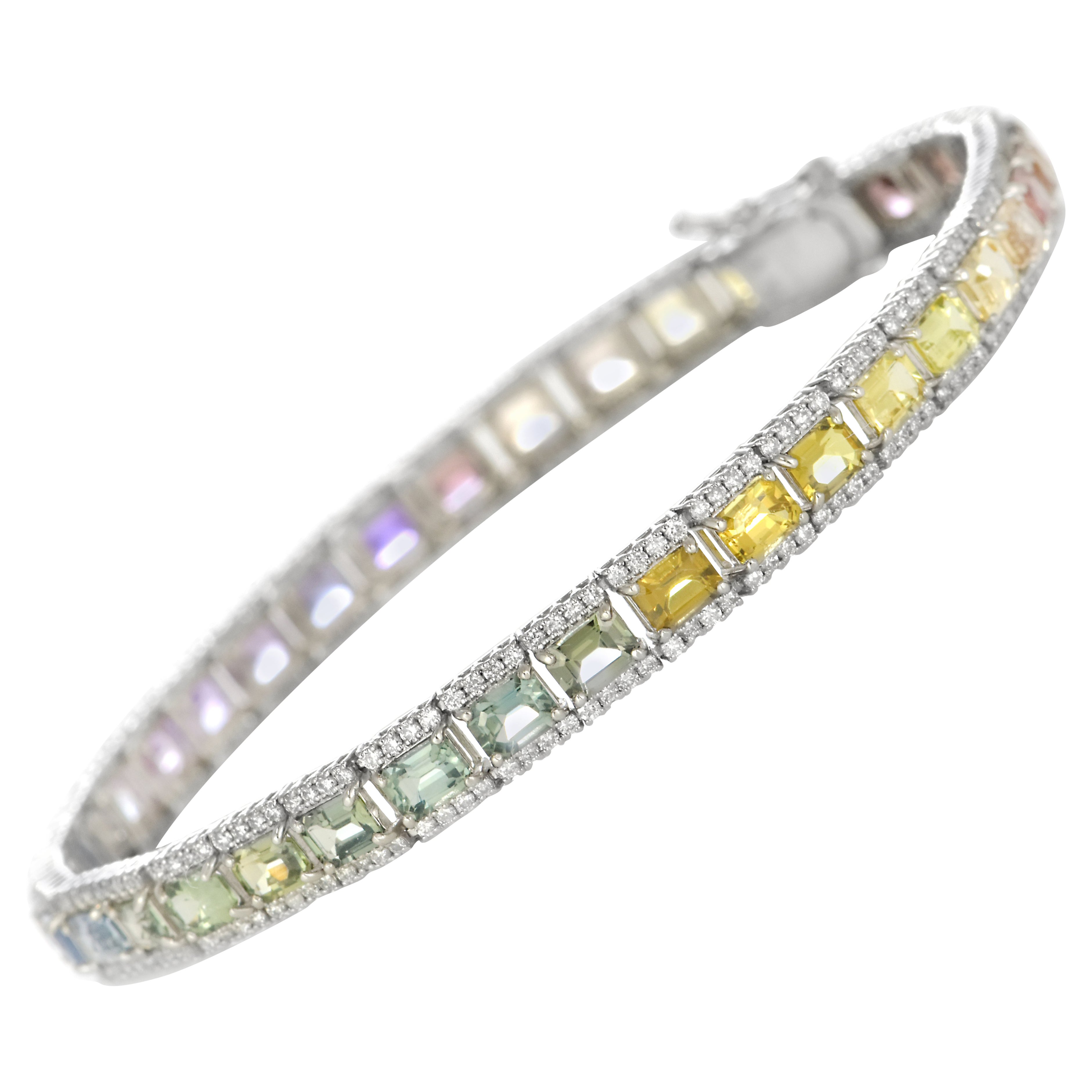 Bracelet en platine de 9,33 carats de saphirs multicolores non chauffés et de diamants
