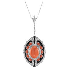 9.33 Ct. Oval Coral Diamond Onyx Vintage Style Necklace in 14K White Gold