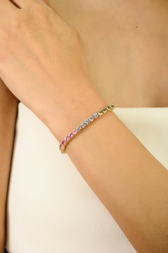 9,33ct Runde Regenbogen Multi Saphir Tennis-Armband in 14k Gelbgold 7 Zoll