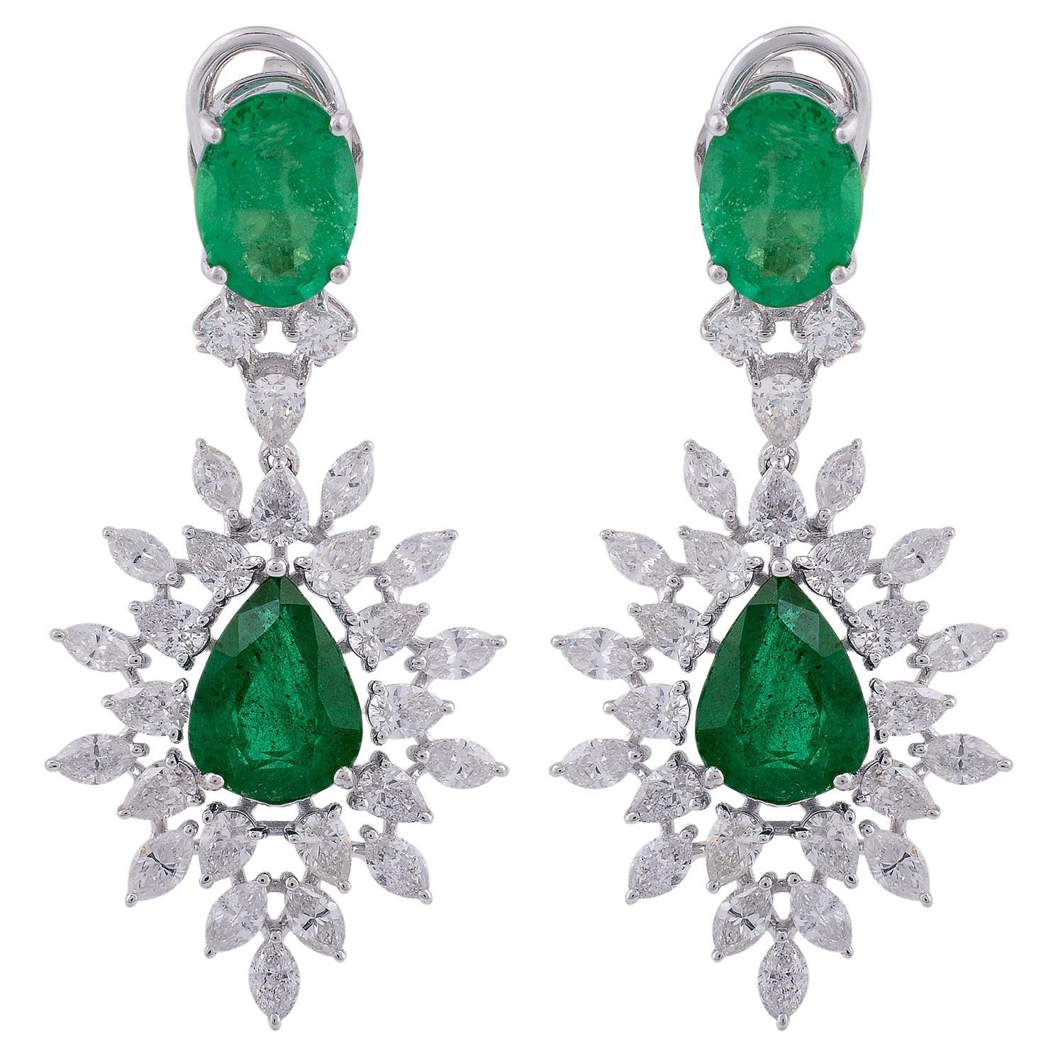 9.33TCW Zambian Emerald Diamond Dangle Orecchini da sposa regalo in oro bianco 14k