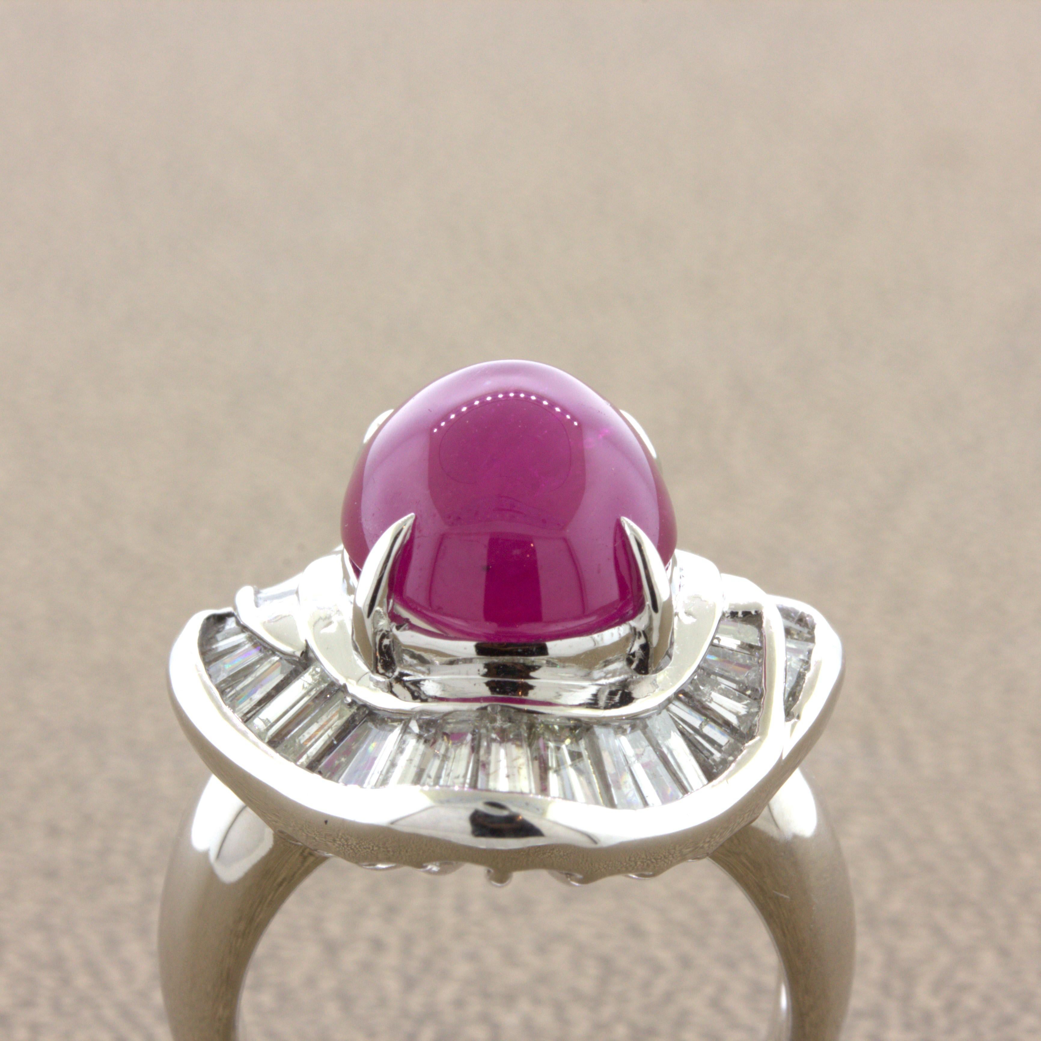 9.34 Carat Cabochon Ruby Diamond Platinum Ring For Sale 2