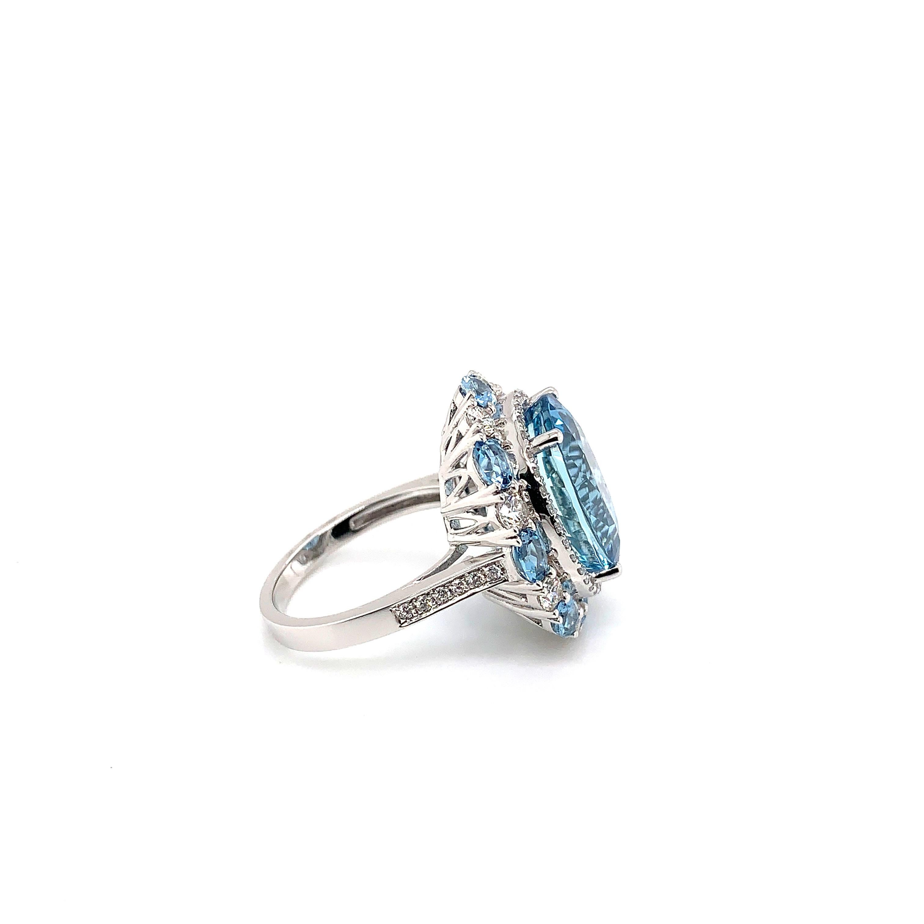 Oval Cut 9.34 Carat Oval Shaped Aquamarine Ring in 18 Karat White Gold with Diamonds