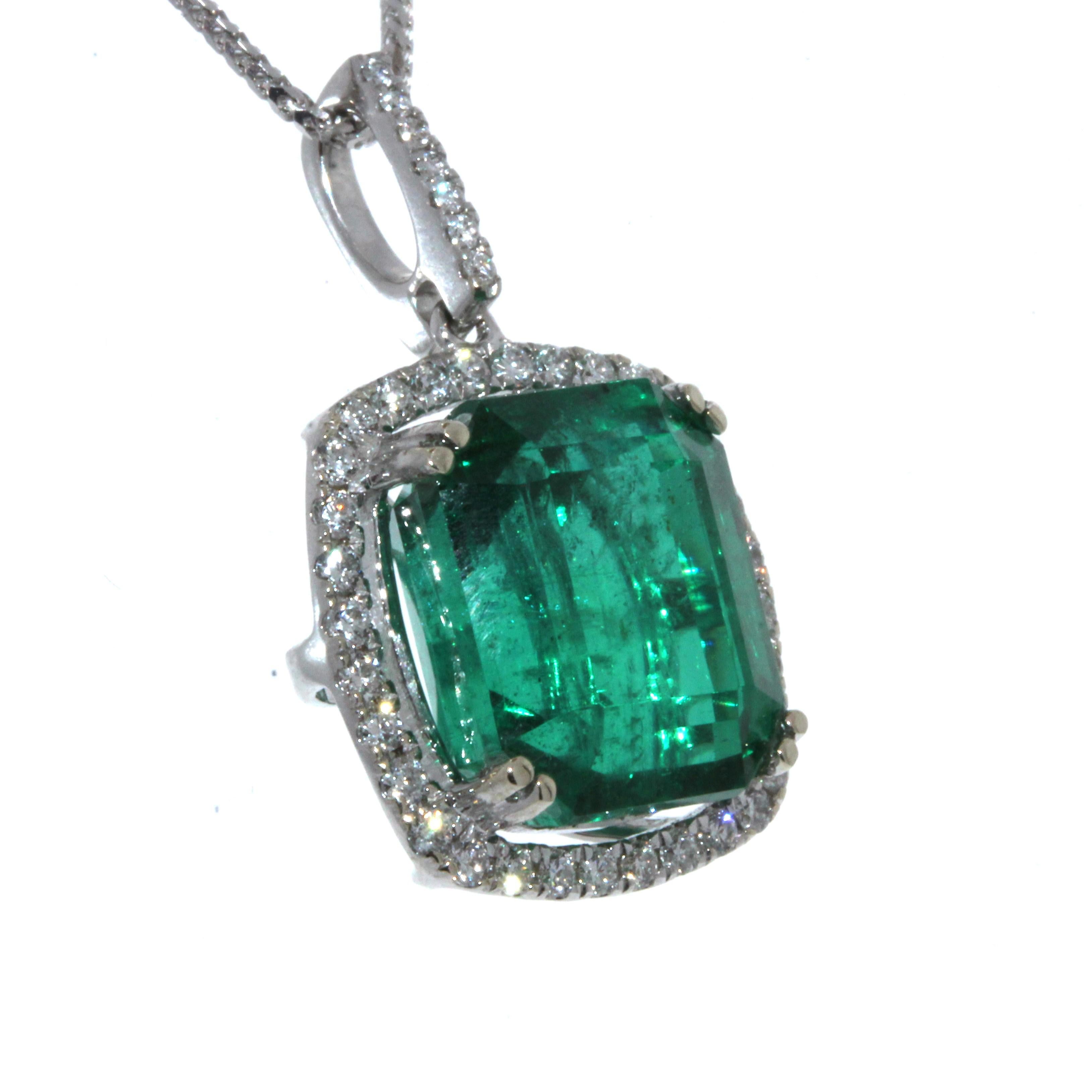Oval Cut 9.34 Carat Square Emerald & Diamond Fashion Pendant in 18k White Gold For Sale