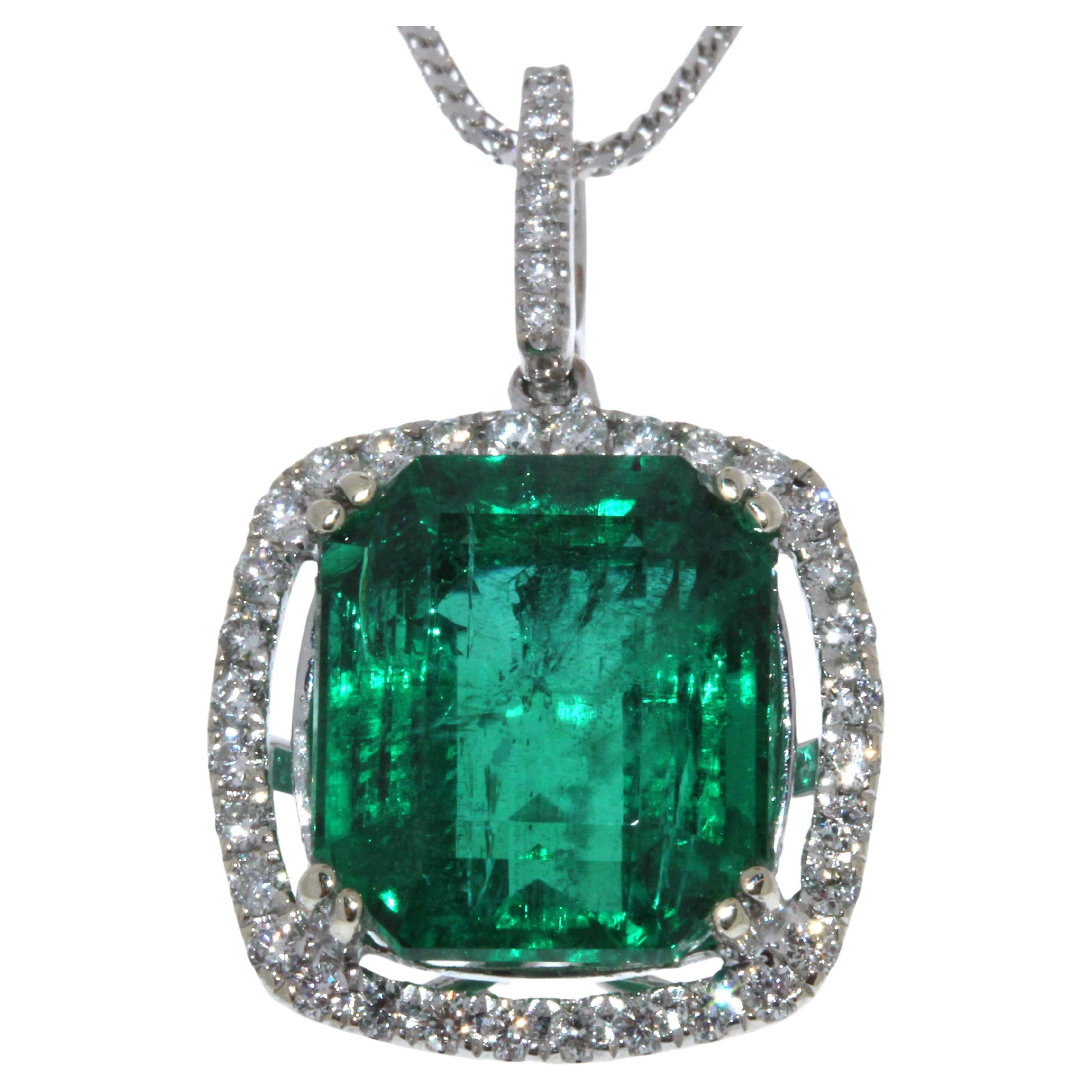 9.34 Carat Square Emerald & Diamond Fashion Pendant in 18k White Gold For Sale