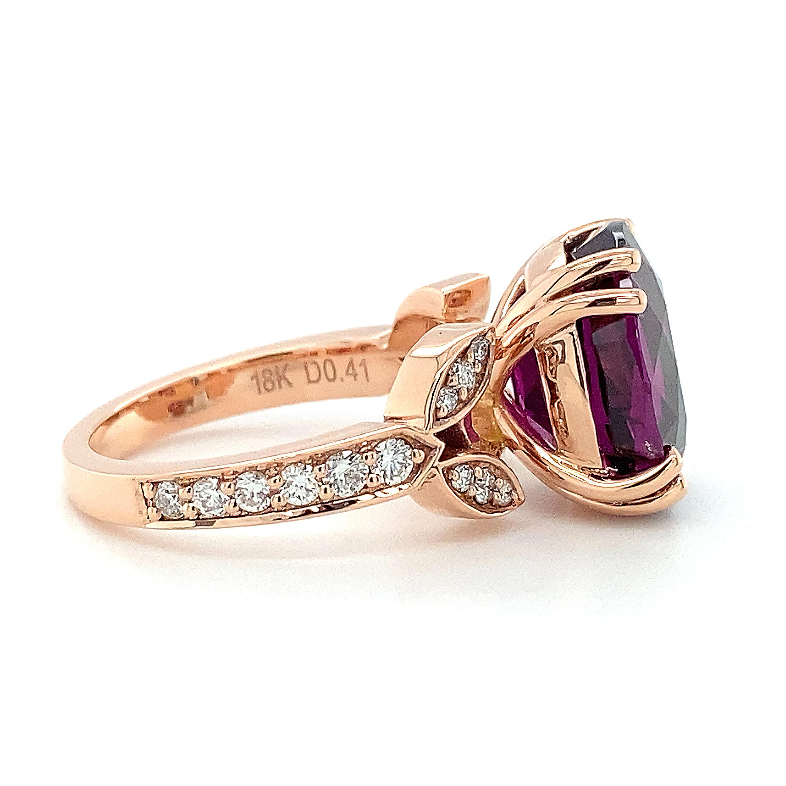 Ring Overview
SKU
3969
Center Stone
Garnet
Side Stones
Diamonds
Metal Type
18K Rose Gold
Metal Weight
7.36 gr
Size
7


Center Stone
Quantity
1
Total Weight
9.35 carats
Color
Purple
Color intensity
Vivid
Shape
Oval
Clarity
Very eye
