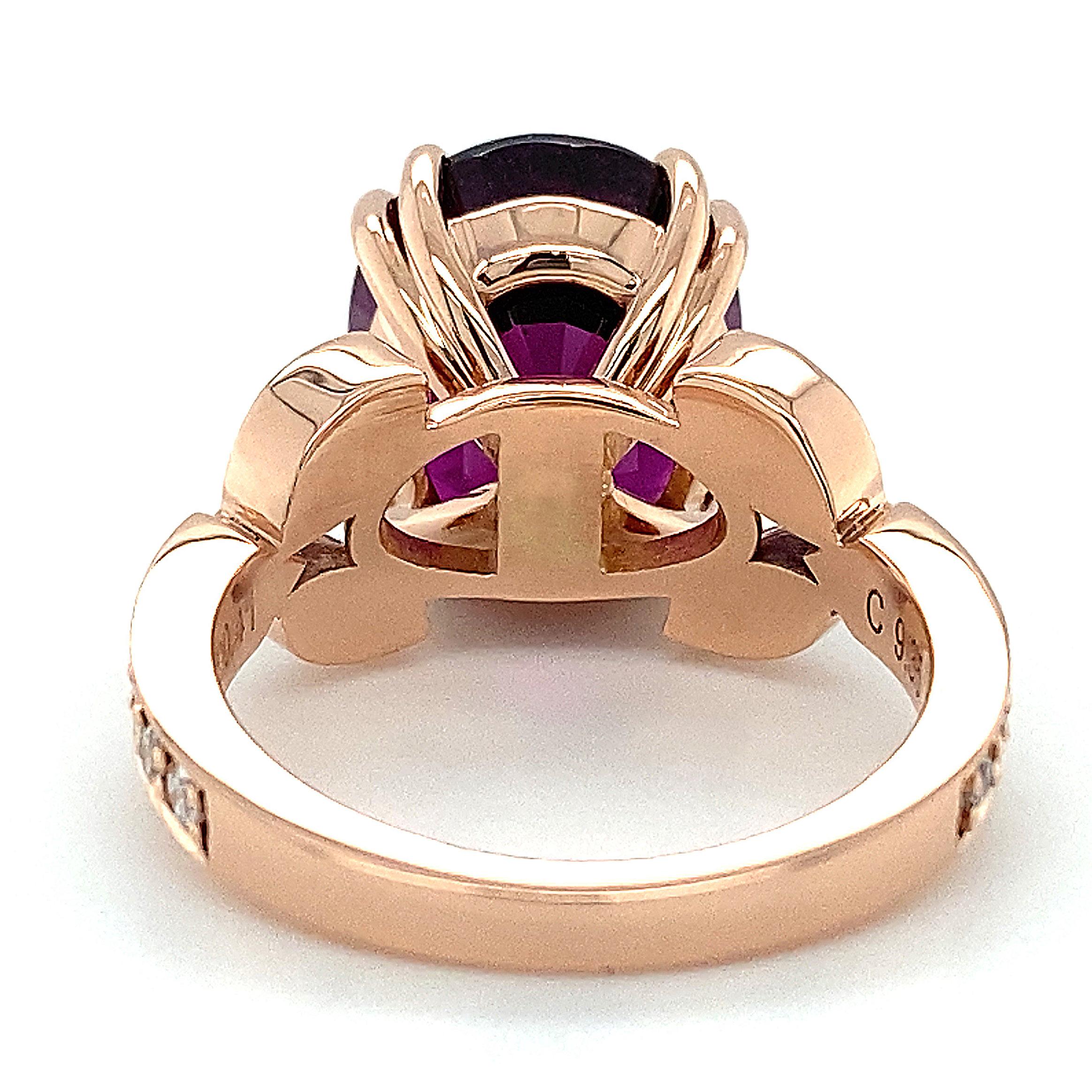 Mixed Cut 9.35 Сarats Neon Purple Garnet Stone set in 18K Rose Gold Ring with Diamonds For Sale
