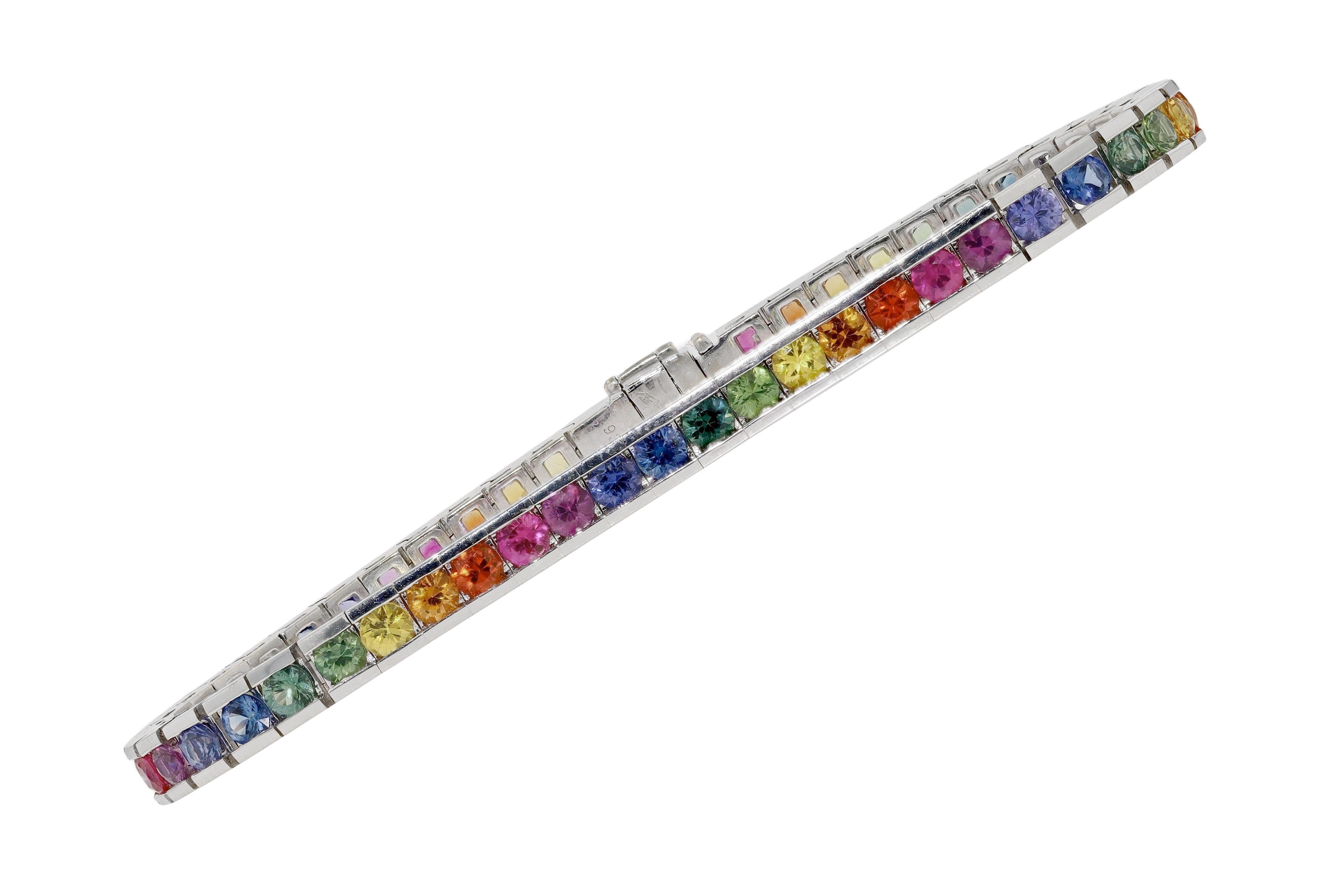 9.35 Carat Multi Color Rainbow Sapphire Tennis Bracelet In New Condition In Santa Barbara, CA