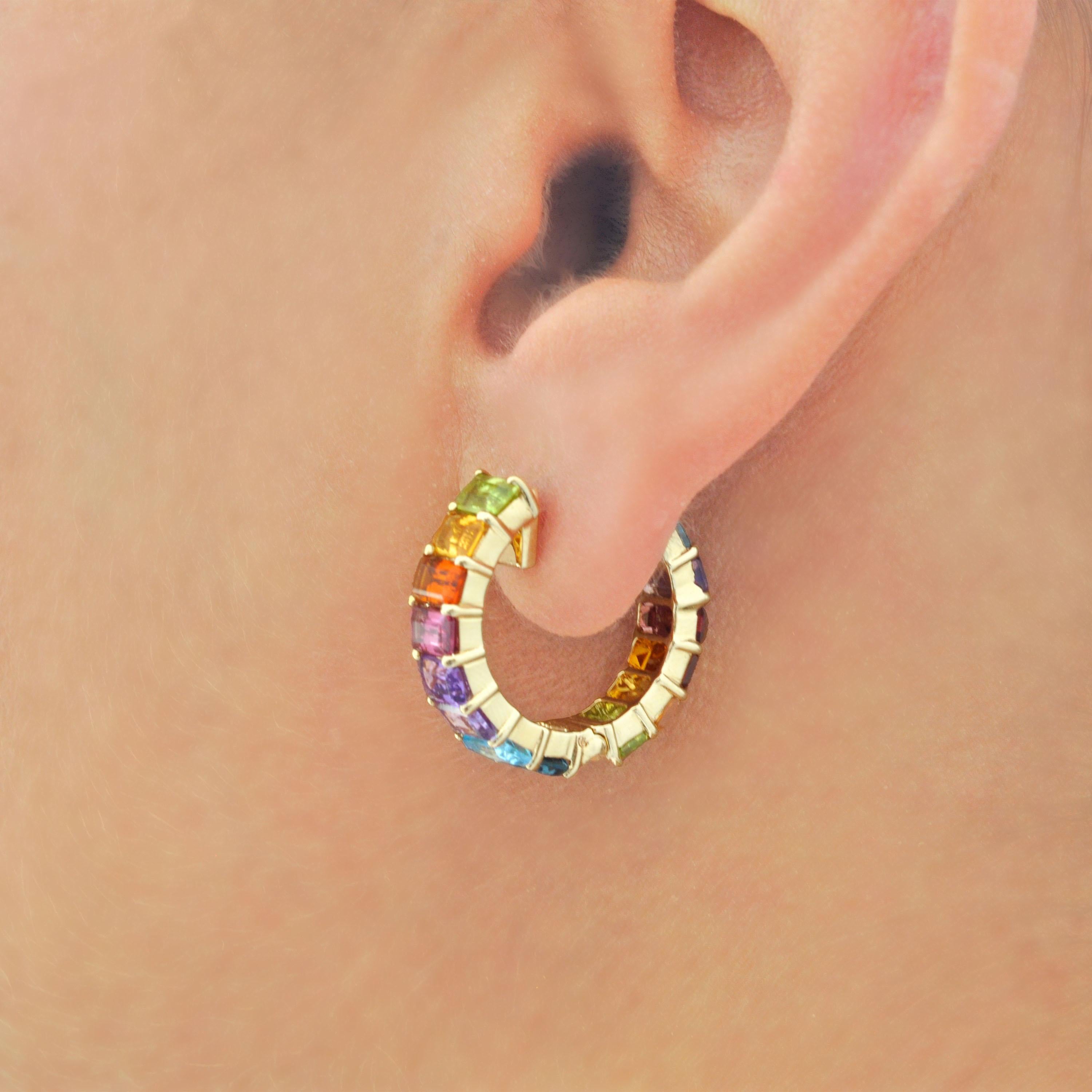 Pendientes de aro de oro octogonal con gemas multicolor arco iris de 9,35 quilates en venta 5