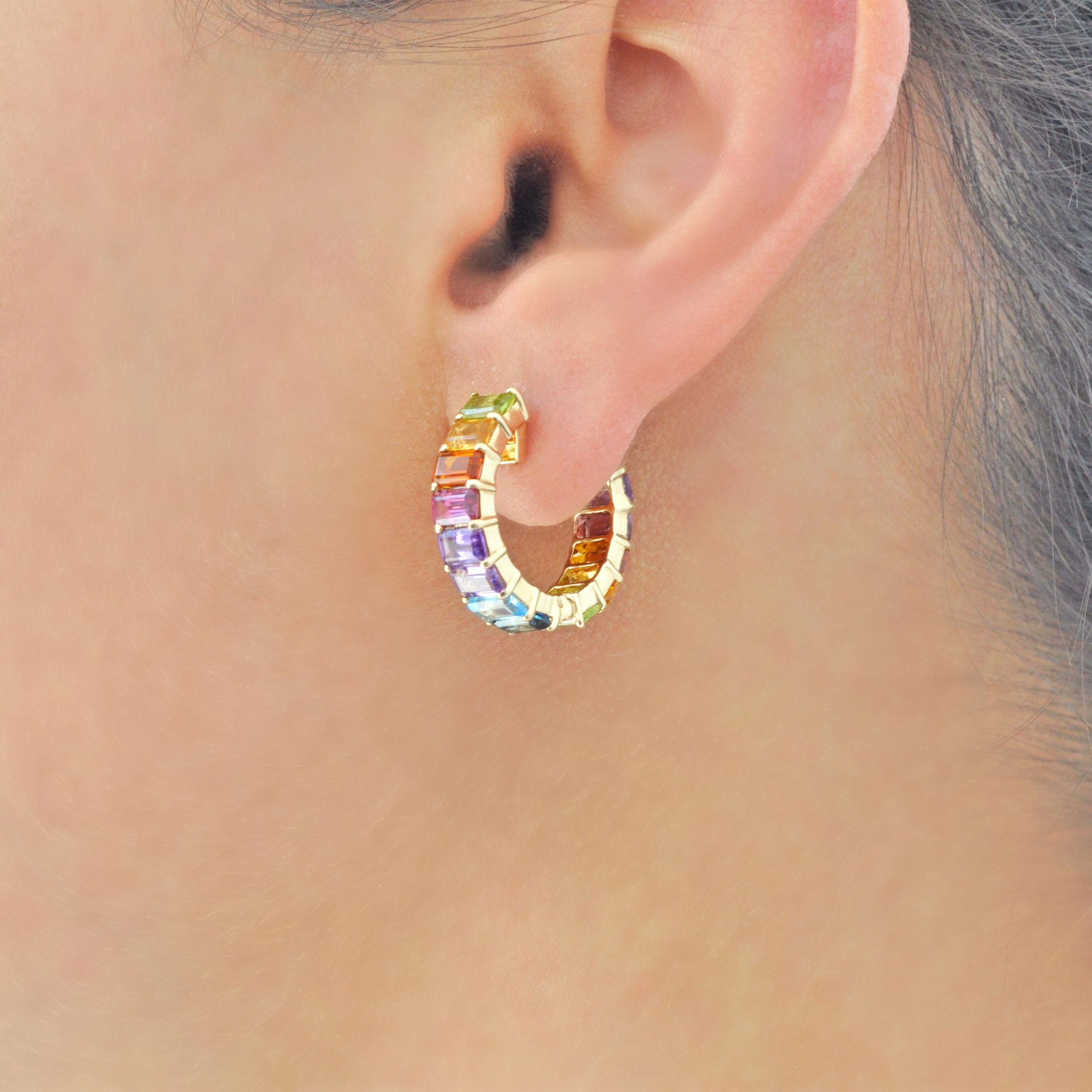 Pendientes de aro de oro octogonal con gemas multicolor arco iris de 9,35 quilates en venta 9